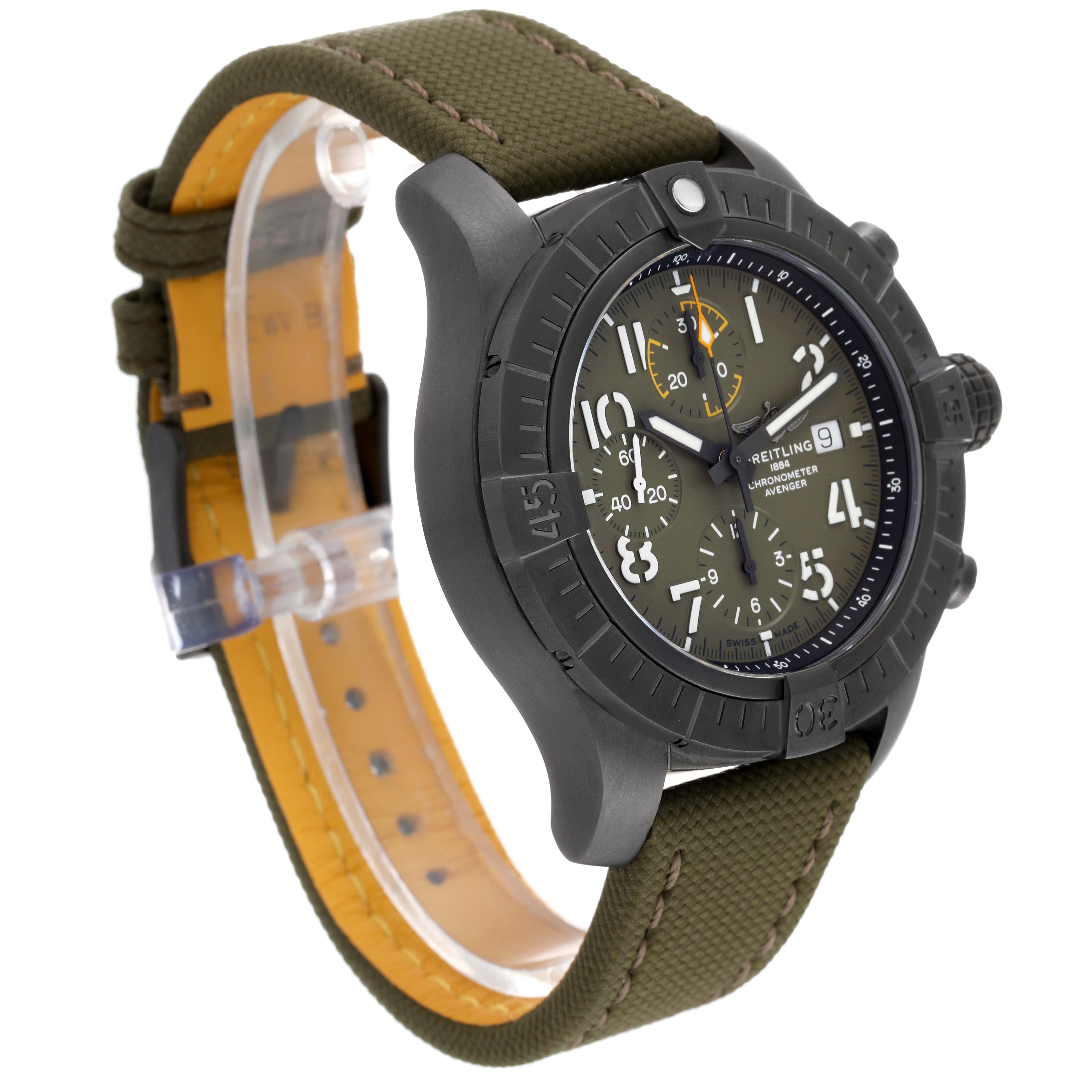 This Breitling Avenger V13317101L1X2 Men's Titanium Green Dial V13317101L1X2 Men's Titanium Green Dial watch is shown at a 3/4 angle, displaying its dial, bezel, and olive green strap.