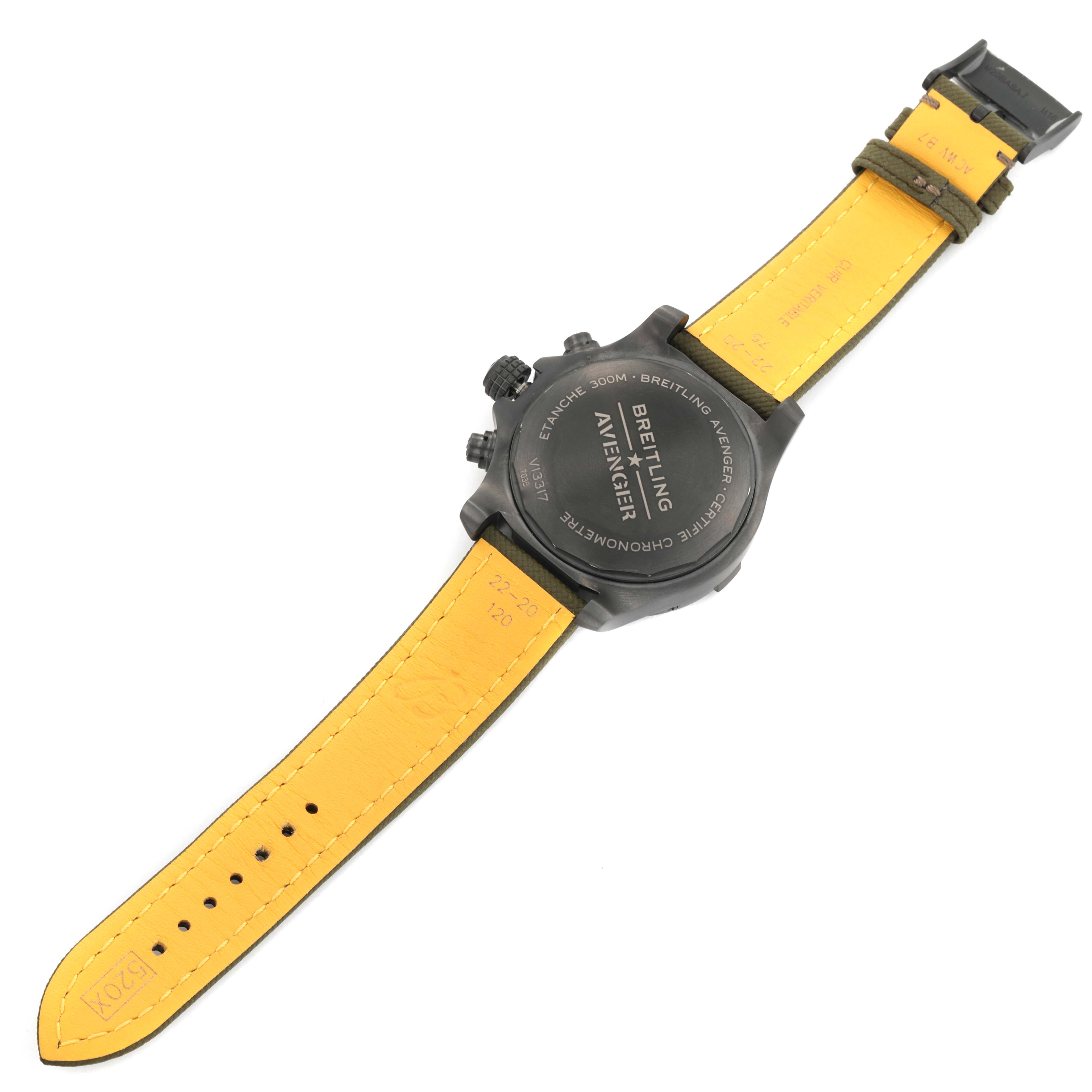 The image shows the back case and strap of the Breitling Avenger V13317101L1X2 Men's Titanium Green Dial V13317101L1X2 Men's Titanium Green Dial watch, viewed from the rear angle.