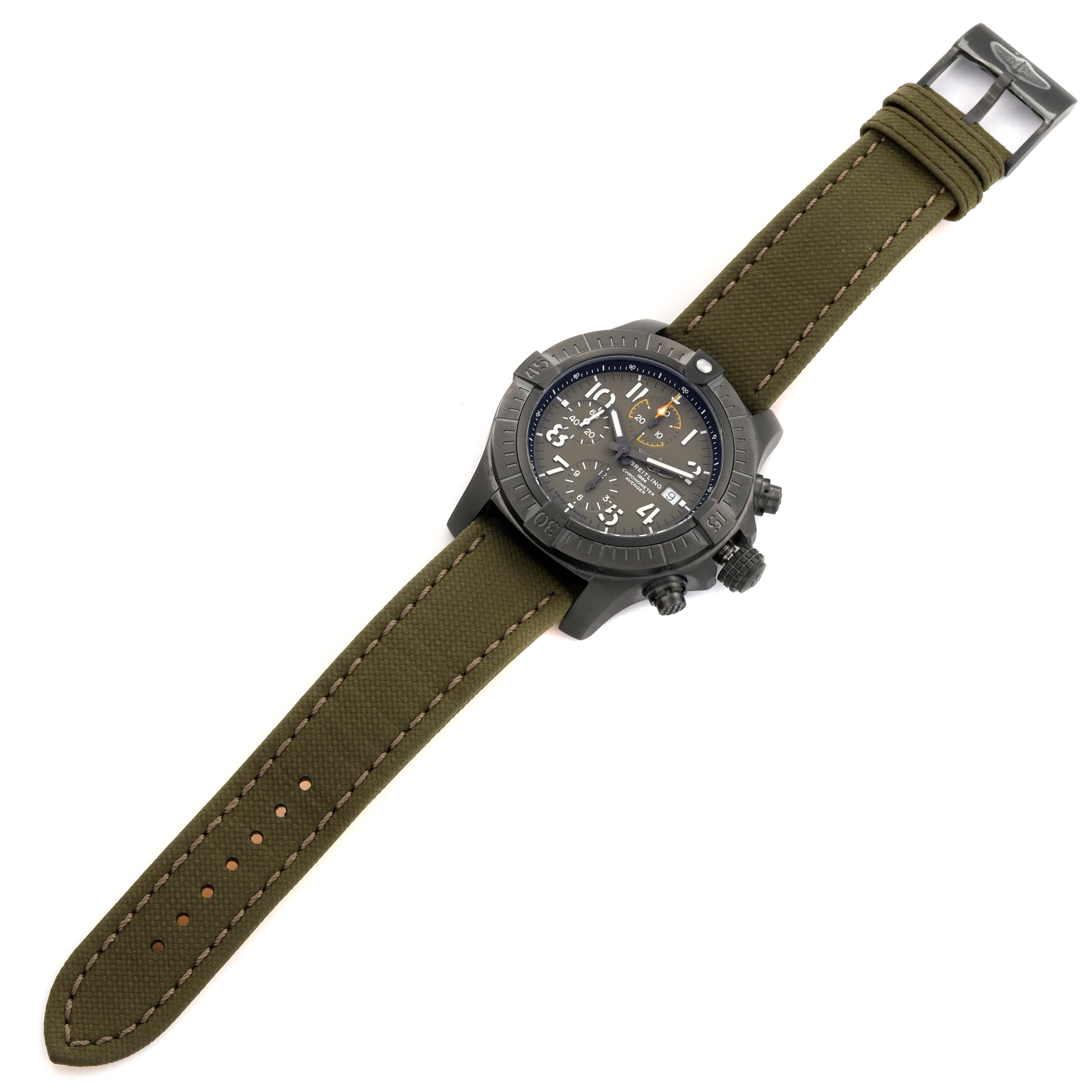 The image shows a top view of a Breitling Avenger V13317101L1X2 Men's Titanium Green Dial V13317101L1X2 Men's Titanium Green Dial watch with a green fabric strap and black dial.