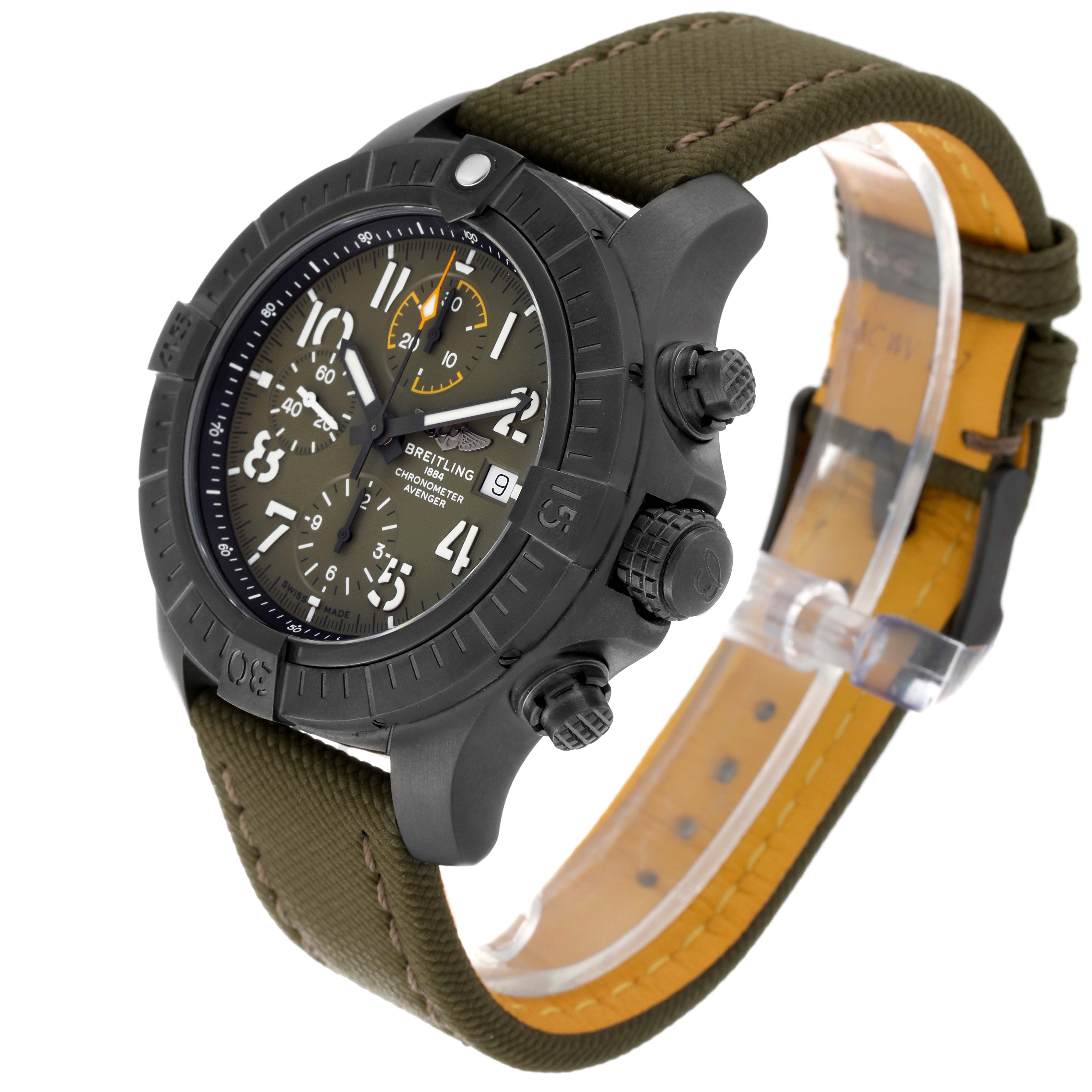 The Breitling Avenger V13317101L1X2 Men's Titanium Green Dial V13317101L1X2 Men's Titanium Green Dial watch is shown at a three-quarter angle, highlighting its chronograph dial, black bezel, and green strap.