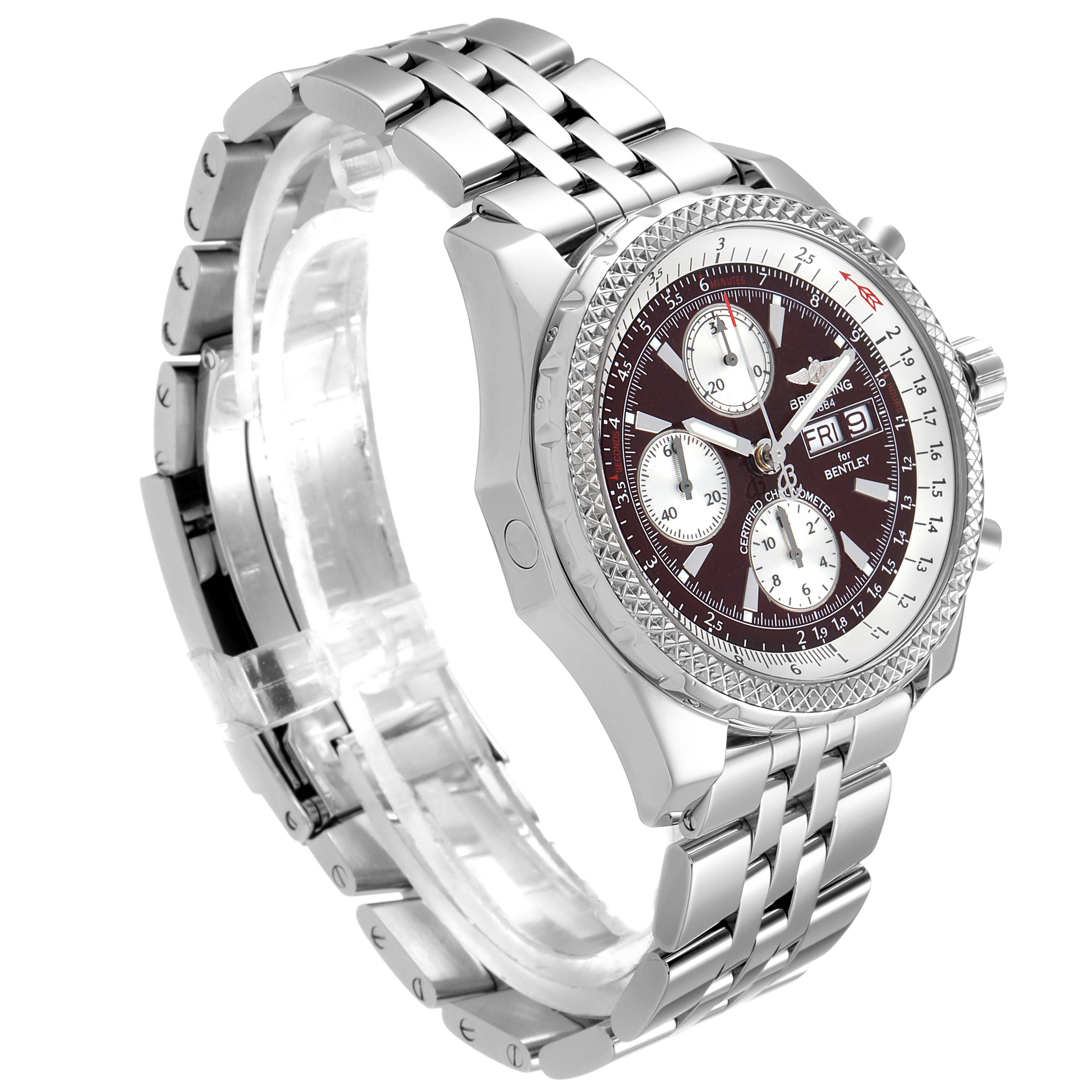 This image shows a Breitling Bentley A13362 Men's Stainless Steel Burgundy Dial A13362 Men's Stainless Steel Burgundy Dial model watch from a slanted side angle, displaying its bracelet, bezel, and dial.