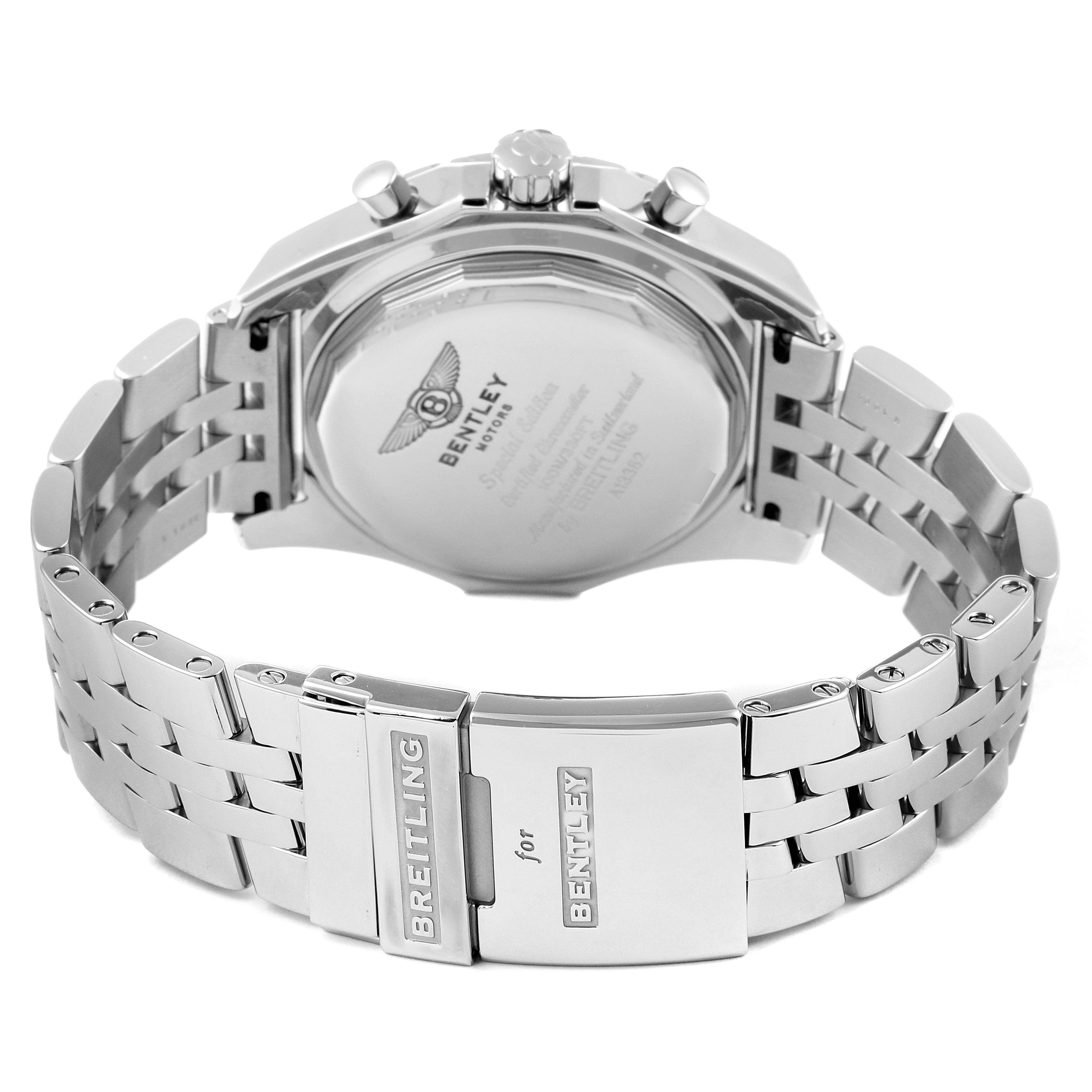 This image shows the backside and metal bracelet of a Breitling Bentley A13362 Men's Stainless Steel Burgundy Dial A13362 Men's Stainless Steel Burgundy Dial model watch, including the clasp and rear case engraving.