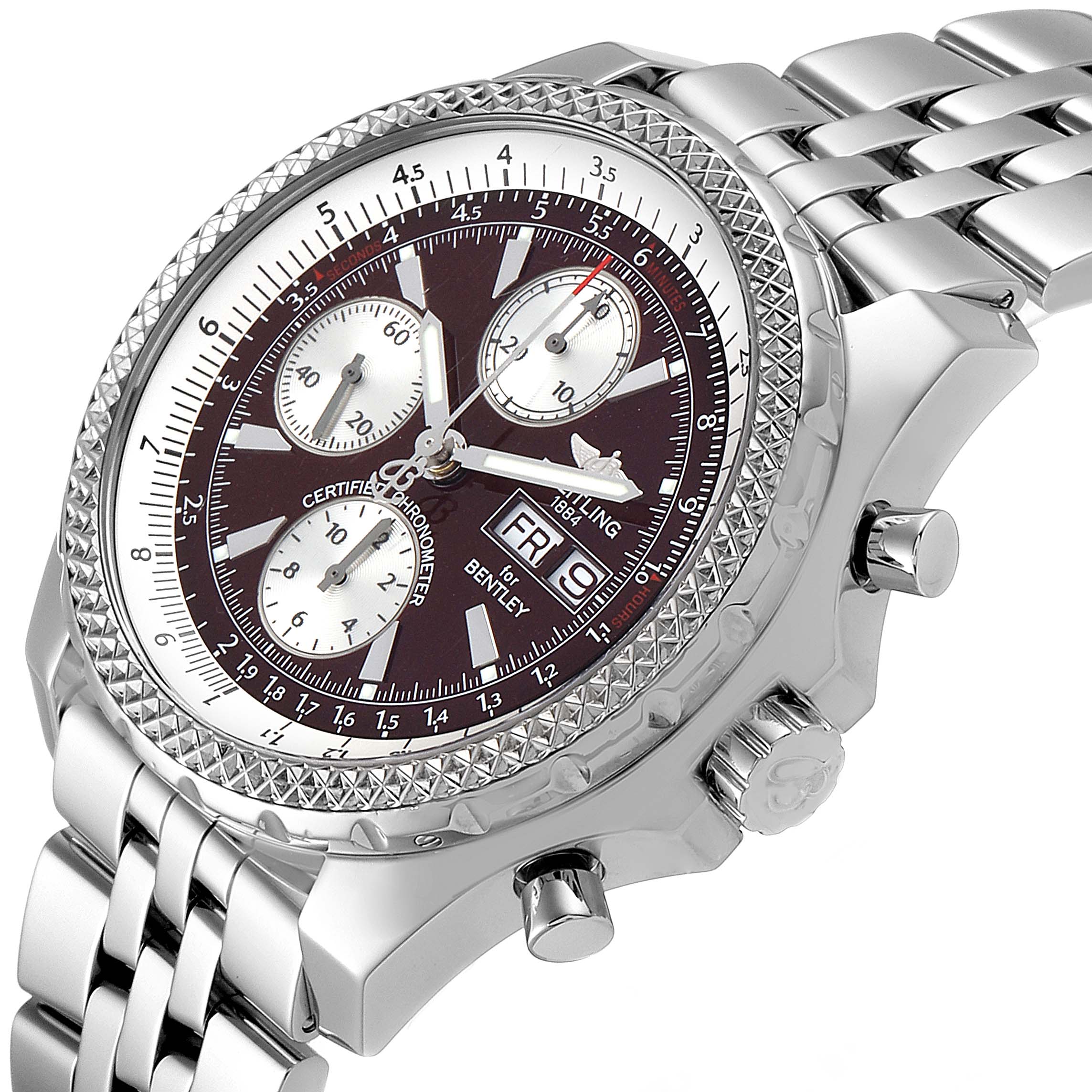The image shows a Breitling Bentley A13362 Men's Stainless Steel Burgundy Dial A13362 Men's Stainless Steel Burgundy Dial model watch with a stainless steel band, angled to display the face, crown, and pushers.