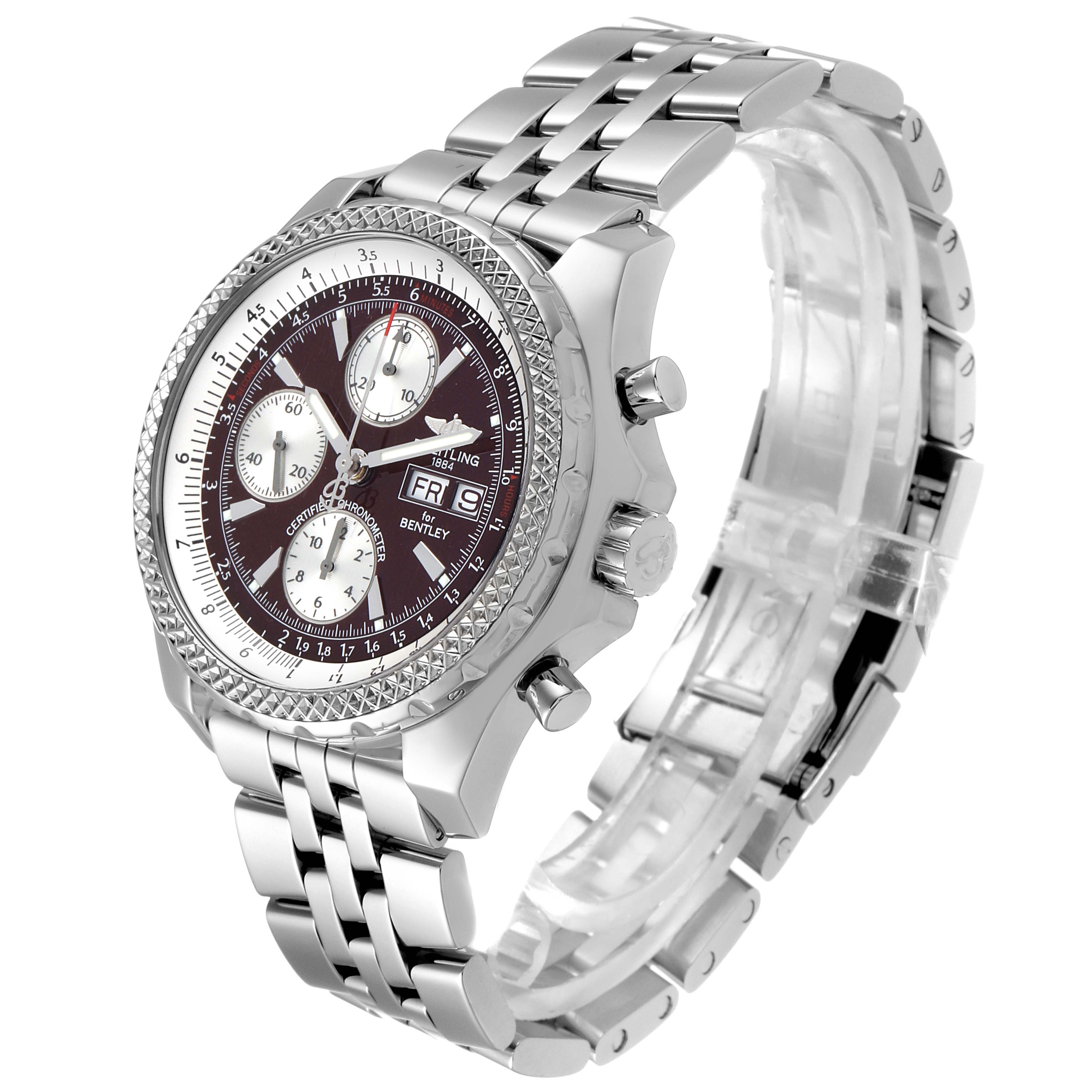 This Breitling Bentley A13362 Men's Stainless Steel Burgundy Dial A13362 Men's Stainless Steel Burgundy Dial watch is shown at a three-quarter view, highlighting the face, bezel, and metal link bracelet.