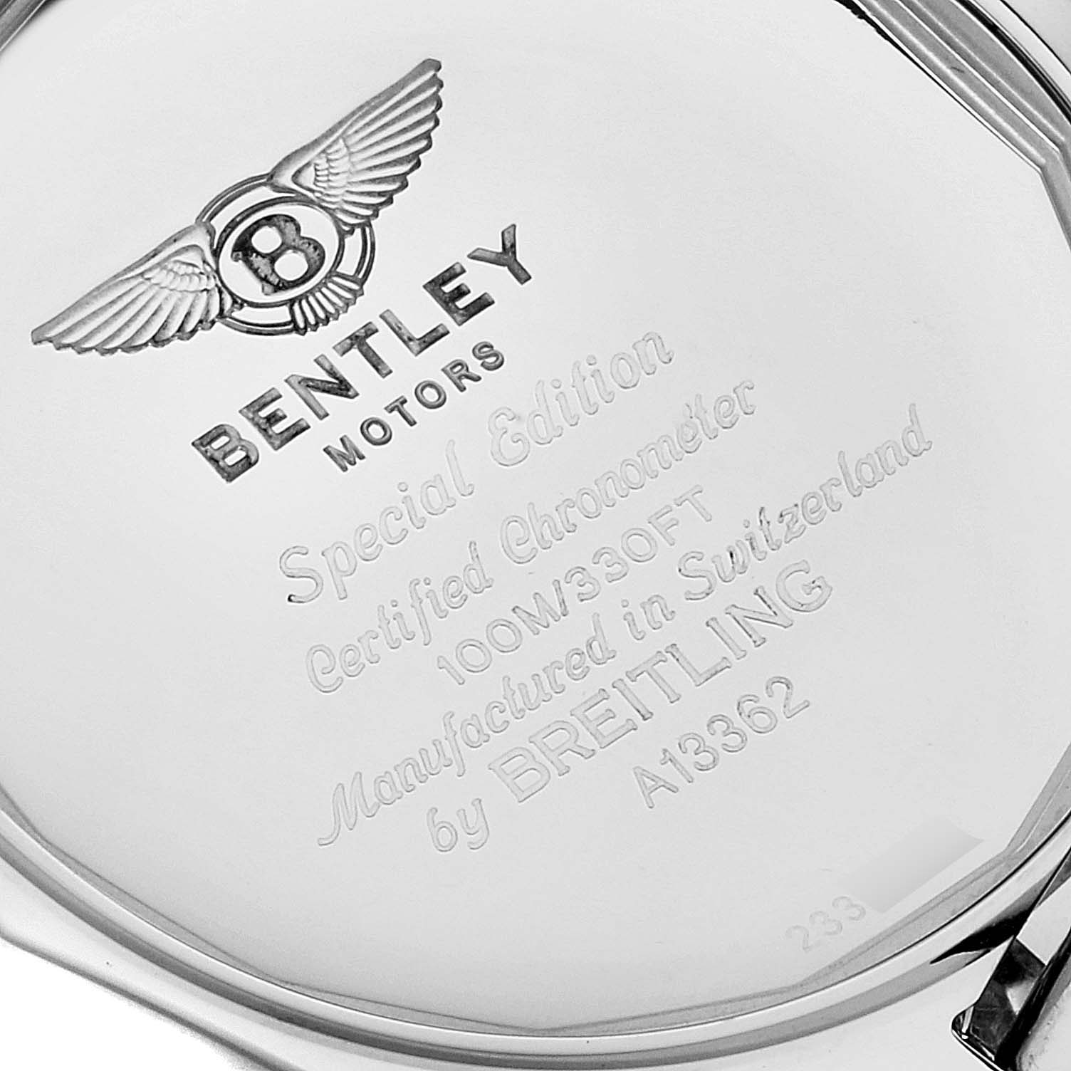 The image shows the back case of a Breitling Bentley A13362 Men's Stainless Steel Burgundy Dial A13362 Men's Stainless Steel Burgundy Dial model watch, featuring engraved text and logos.