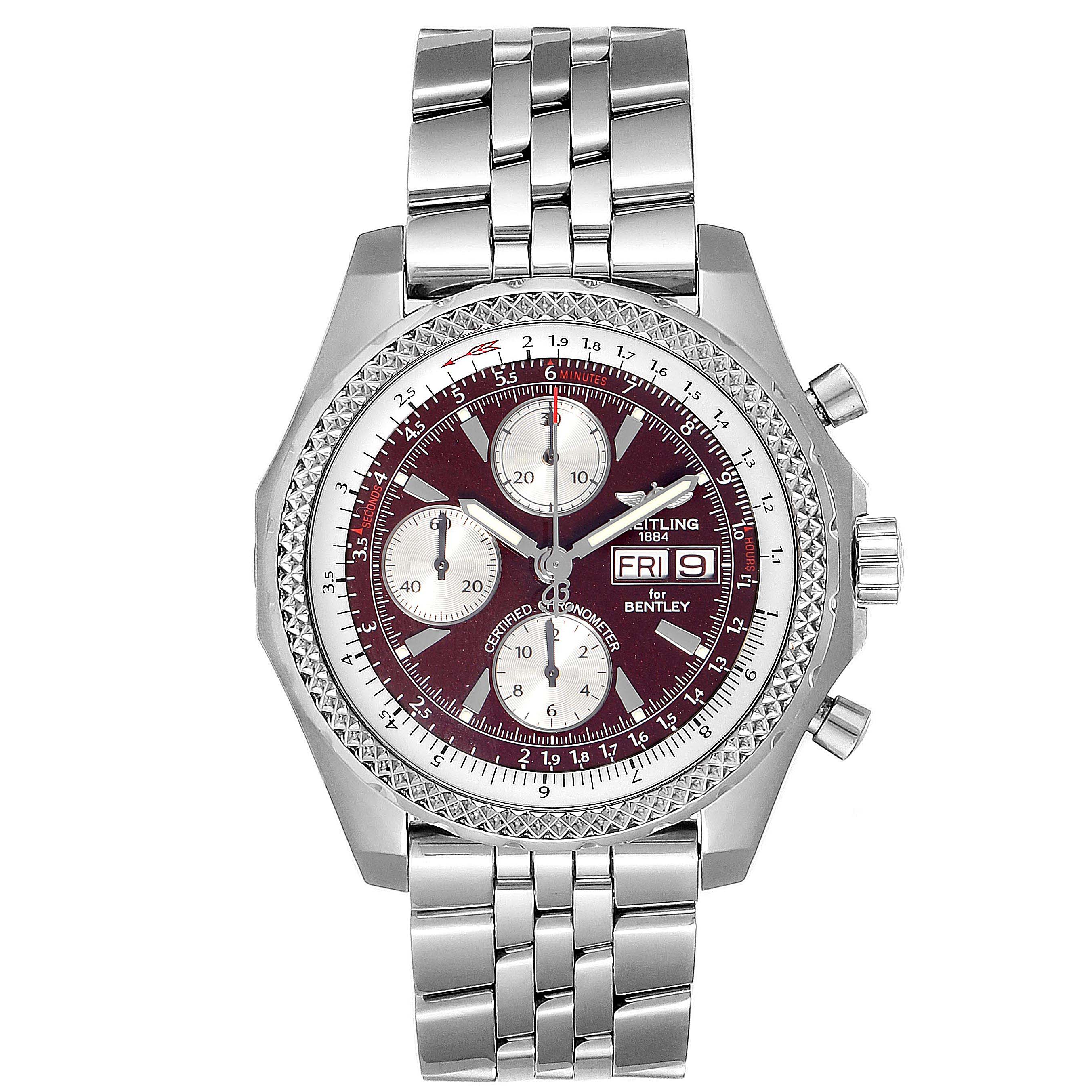 This image shows a front view of the Breitling Bentley A13362 Men's Stainless Steel Burgundy Dial A13362 Men's Stainless Steel Burgundy Dial watch, showcasing the dial, bezel, and metal bracelet.