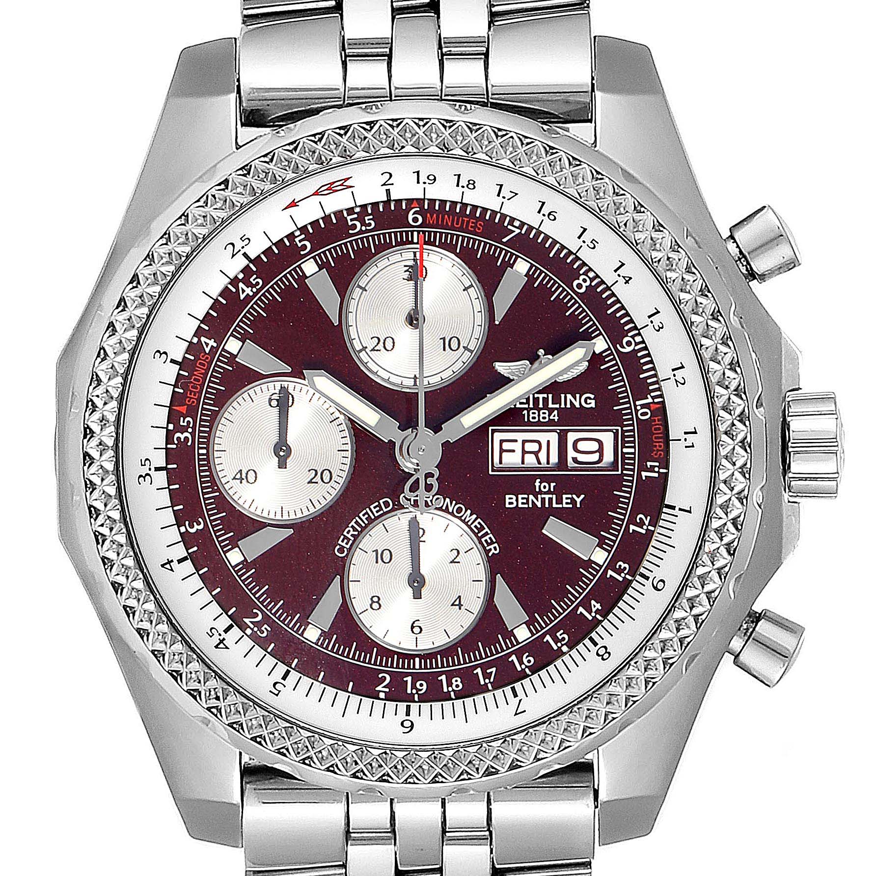 The image shows a frontal view of the Breitling Bentley A13362 Men's Stainless Steel Burgundy Dial A13362 Men's Stainless Steel Burgundy Dial watch, displaying the dial, subdials, bezel, crown, and part of the bracelet.