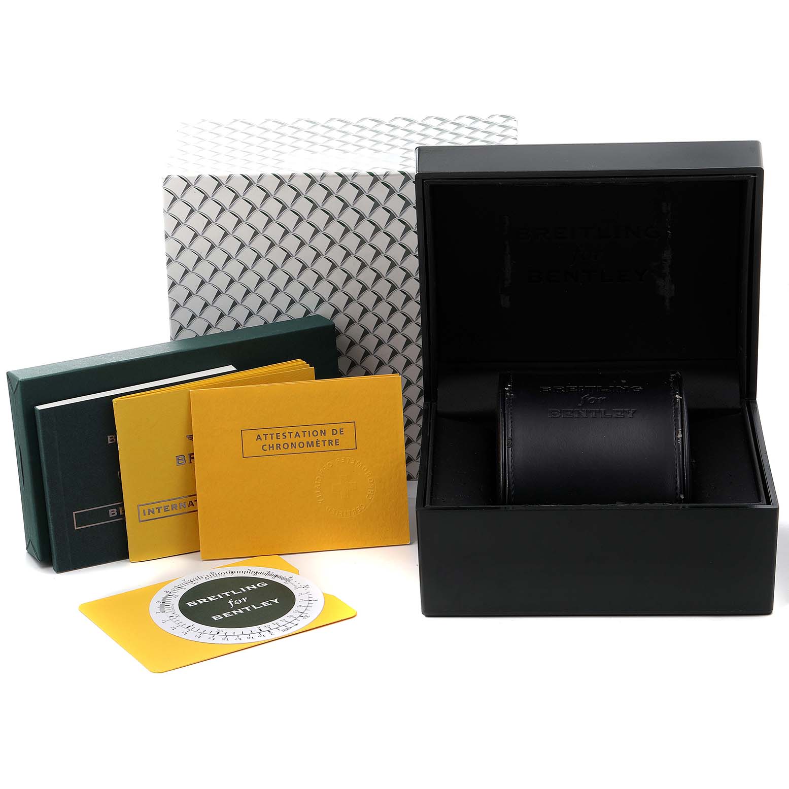 The image shows the packaging and accessories of a Breitling Bentley A13362 Men's Stainless Steel Burgundy Dial A13362 Men's Stainless Steel Burgundy Dial watch, including its presentation box and documentation.