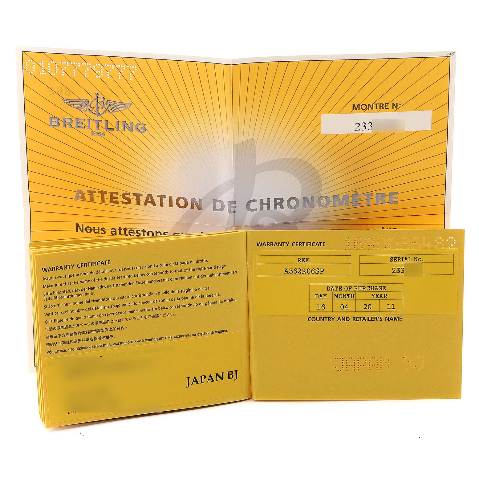 The image shows the warranty certificate and attestation booklet for a Bentley model watch by Breitling.