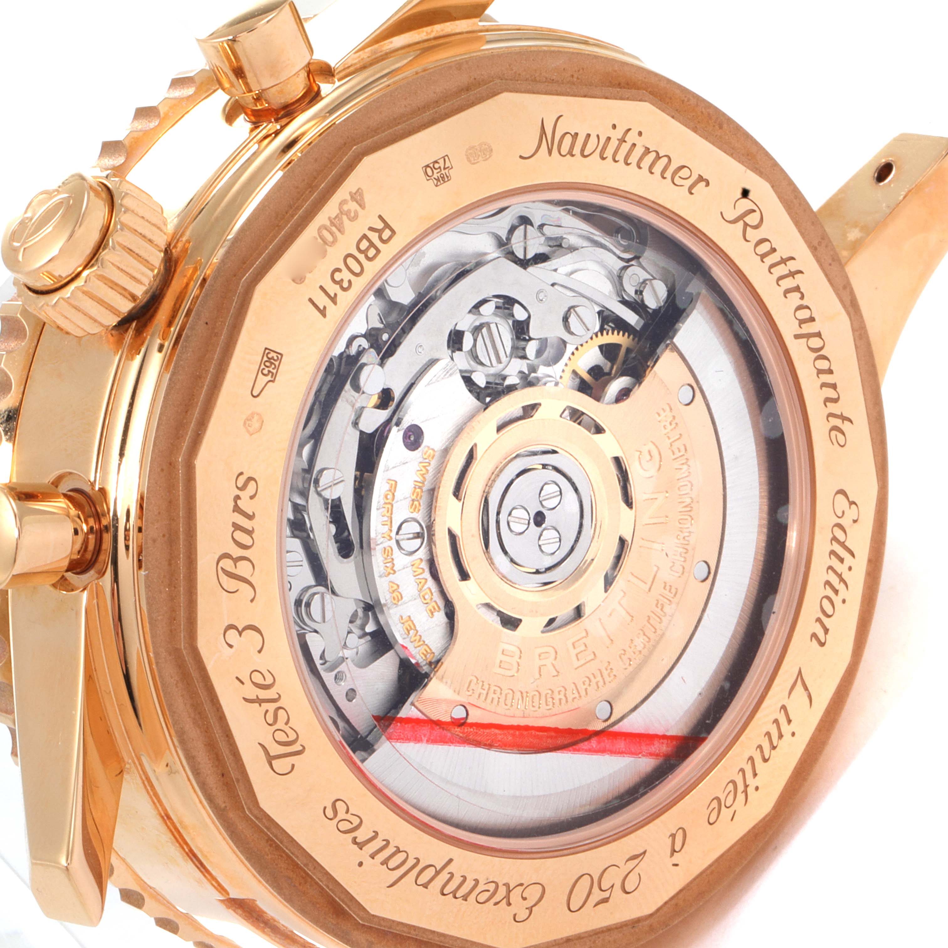 The image shows the case back of a Breitling Navitimer RB031121/Q619-252S Men's Rose Gold Brown Dial RB031121/Q619-252S Men's Rose Gold Brown Dial Rattrapante, highlighting its internal mechanical components.