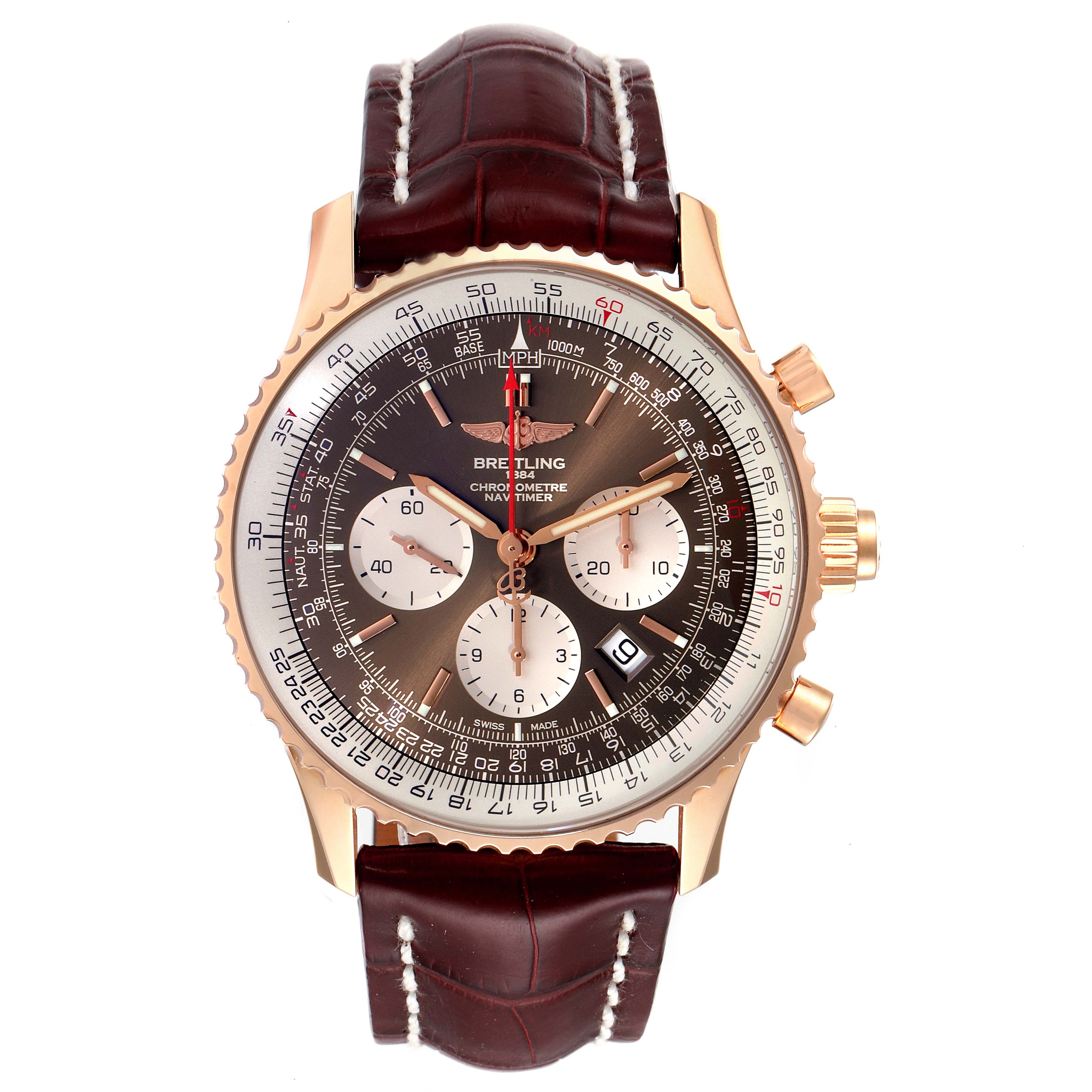 The Breitling Navitimer RB031121/Q619-252S Men's Rose Gold Brown Dial RB031121/Q619-252S Men's Rose Gold Brown Dial watch is shown from a top-down angle, displaying its face, bezel, chronograph dials, and leather strap.