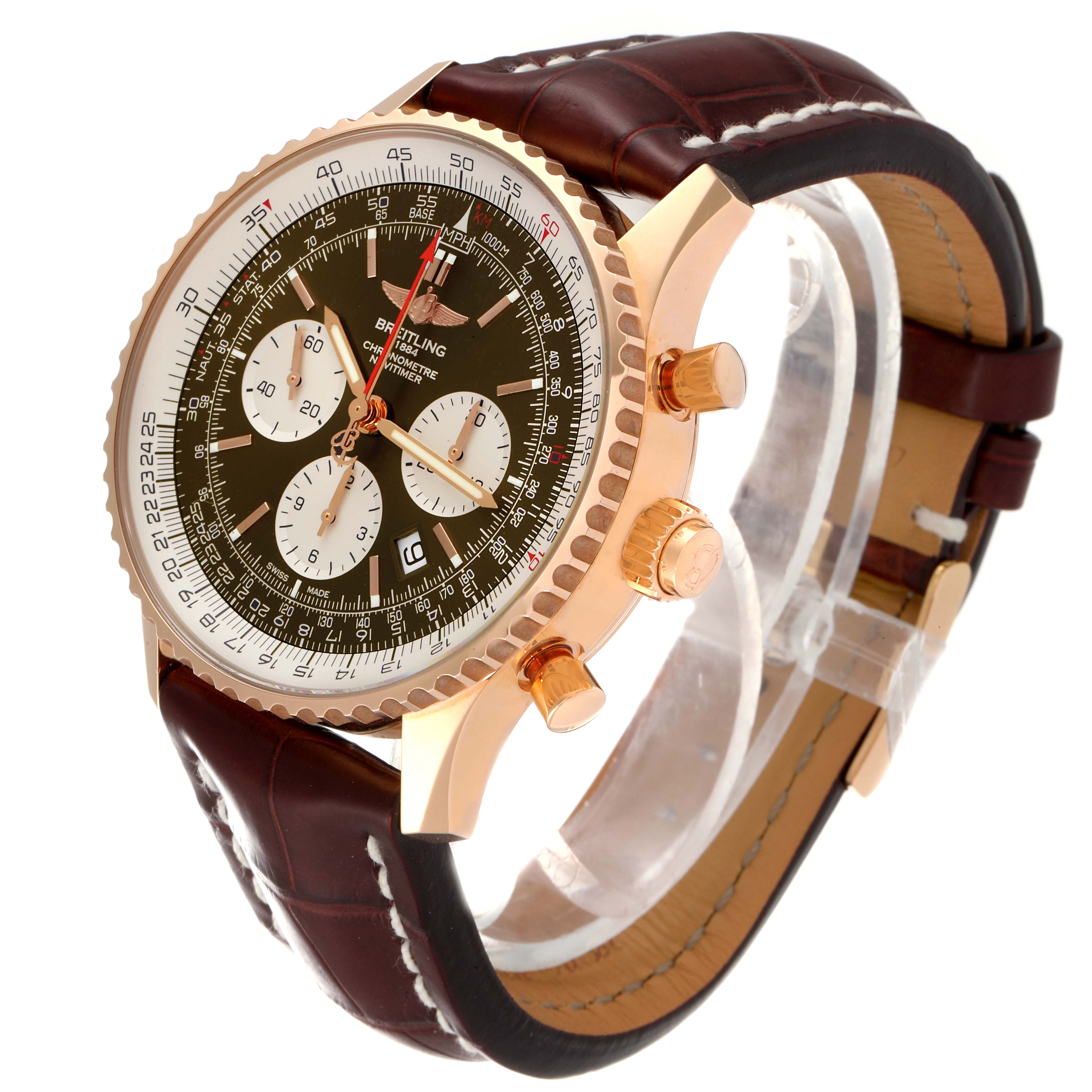 This image shows a Breitling Navitimer RB031121/Q619-252S Men's Rose Gold Brown Dial RB031121/Q619-252S Men's Rose Gold Brown Dial watch at a side angle, highlighting its brown leather strap, gold case, and detailed dial.
