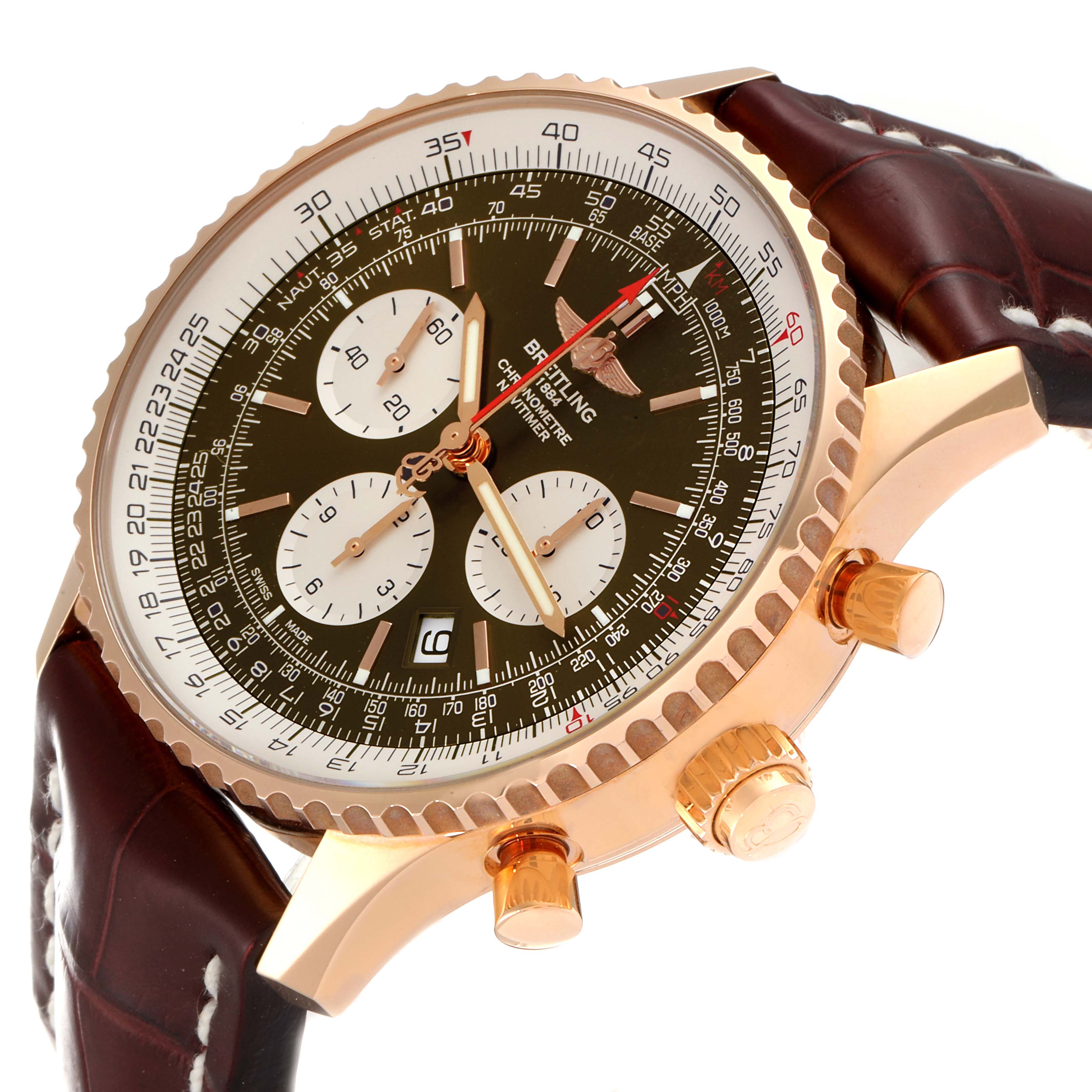 The image shows the face and side profile of a Breitling Navitimer RB031121/Q619-252S Men's Rose Gold Brown Dial RB031121/Q619-252S Men's Rose Gold Brown Dial watch, highlighting the dial, crown, and pushers.
