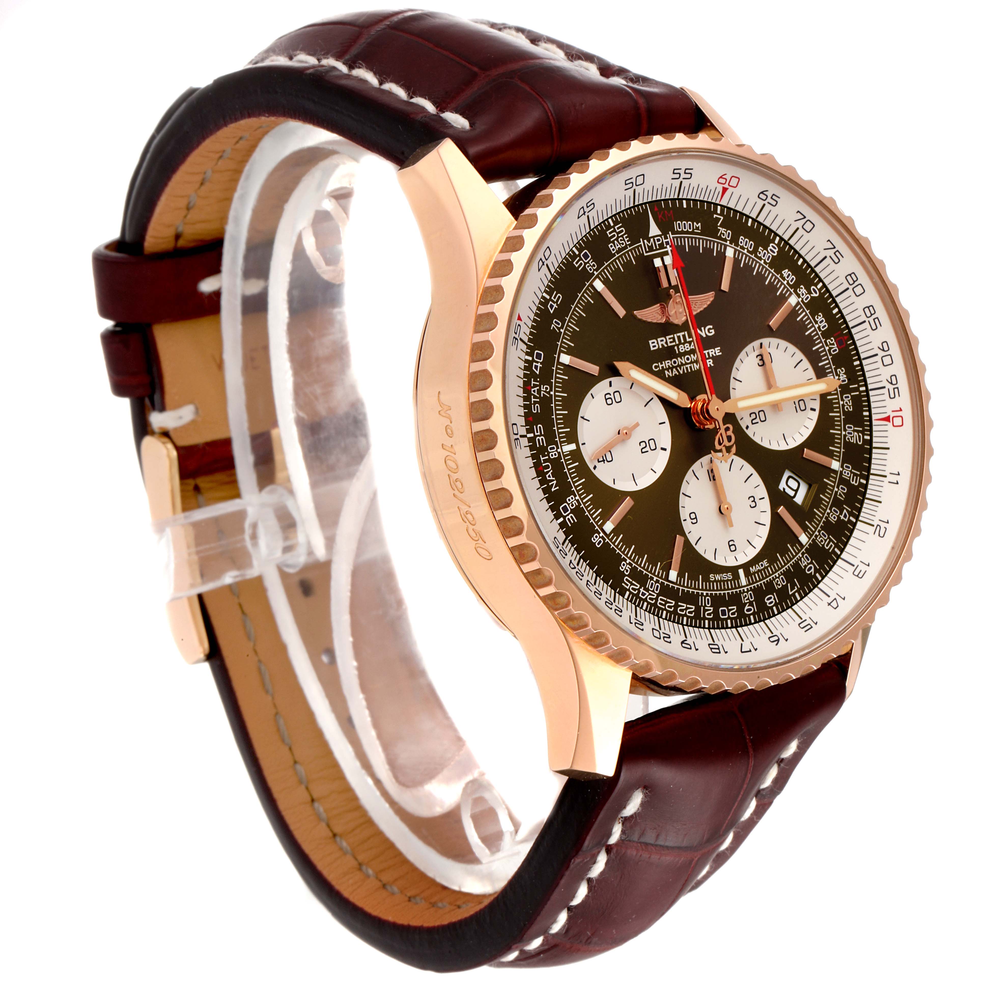 The image shows a side angle of the Breitling Navitimer RB031121/Q619-252S Men's Rose Gold Brown Dial RB031121/Q619-252S Men's Rose Gold Brown Dial watch, highlighting its face, bezel, and leather strap.