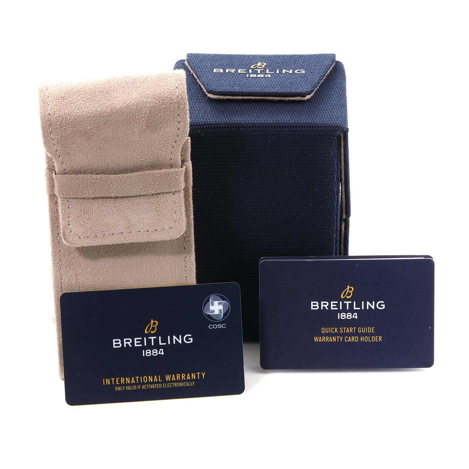 The image shows a Breitling Chronomat UB0136 Men's Stainless Steel Green Dial UB0136 Men's Stainless Steel Green Dial watch box, a suede pouch, and warranty card instructions.