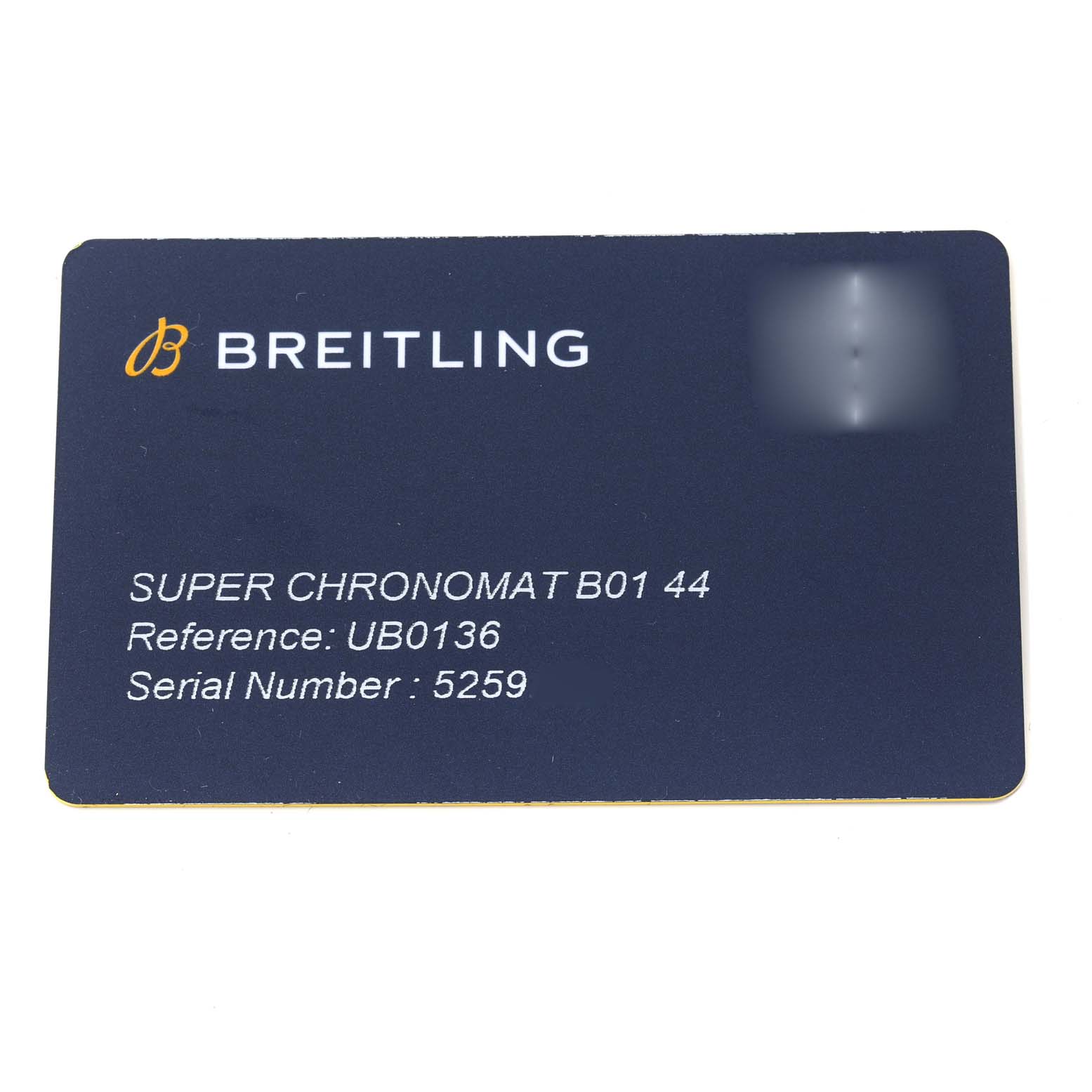The image shows a registration card for the Breitling Super Chronomat B01 44 model, displaying reference number UB0136 and serial number 5259.