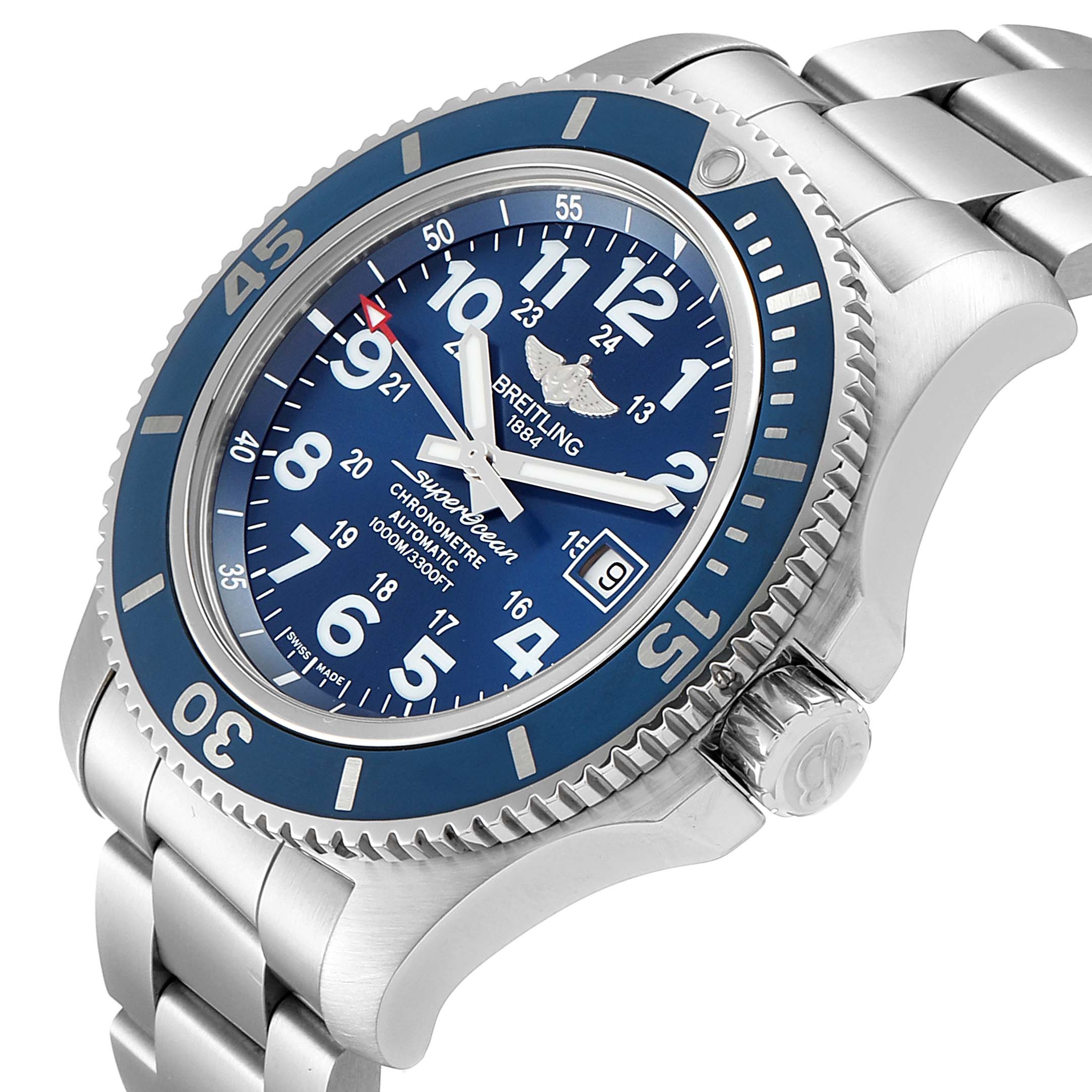 The image shows a Breitling Superocean A17392 Men
s Stainless Steel Blue Dial A17392 Men
s Stainless Steel Blue Dial watch at an angle highlighting its blue dial, bezel, and part of the stainless steel bracelet.
