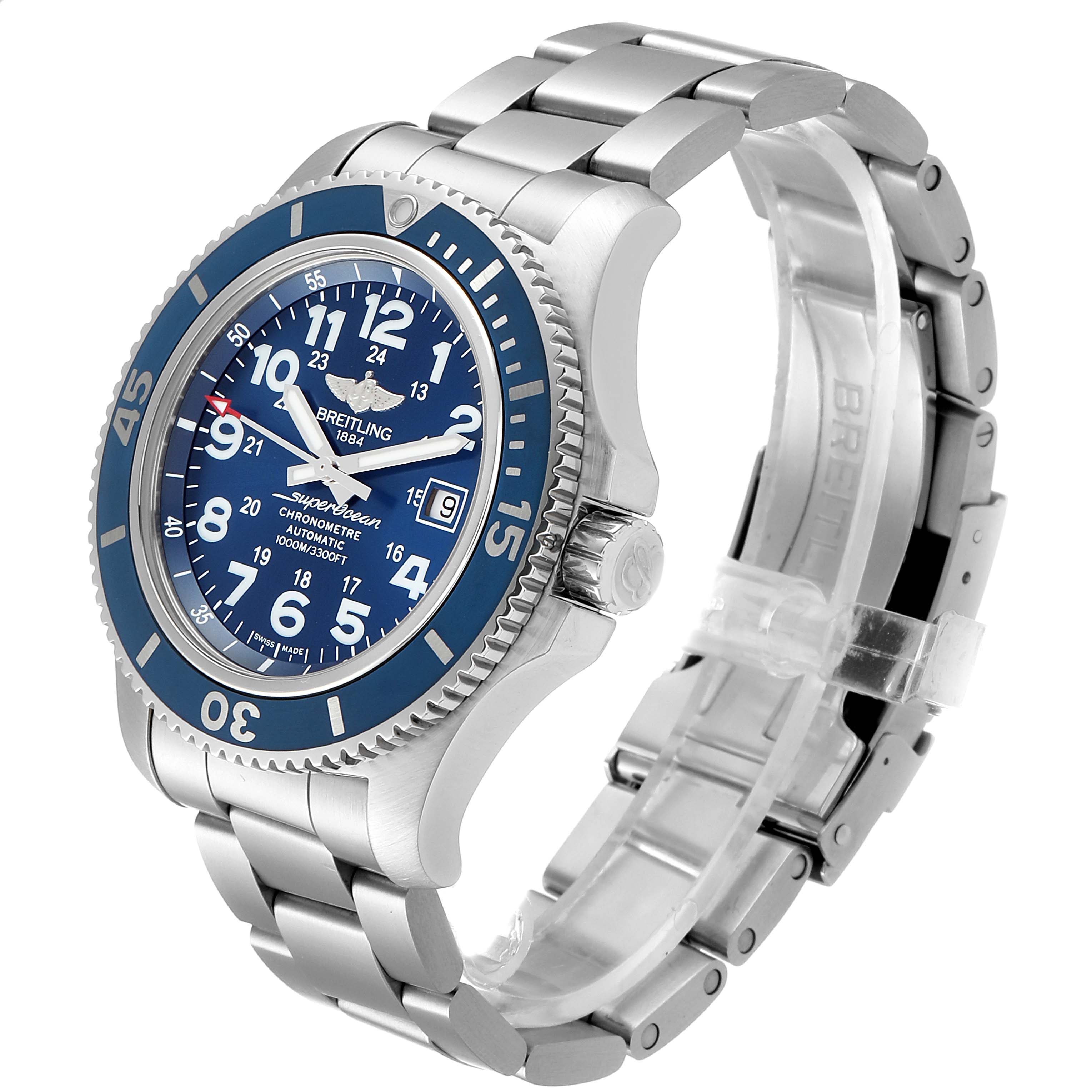 The Breitling Superocean A17392 Men
s Stainless Steel Blue Dial A17392 Men
s Stainless Steel Blue Dial watch is shown at an angle displaying the face, steel bracelet, bezel, and crown.