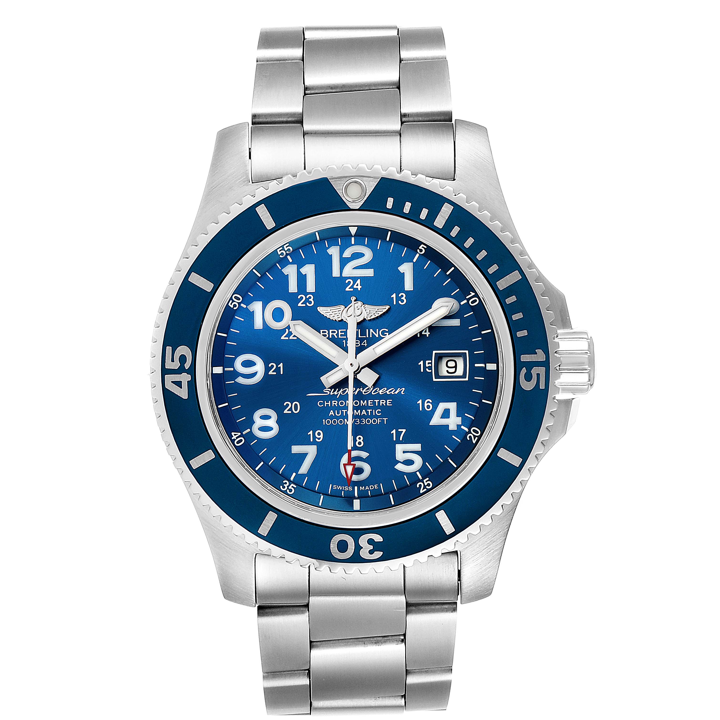 The image shows a front view of the Breitling Superocean A17392 Men
s Stainless Steel Blue Dial A17392 Men
s Stainless Steel Blue Dial watch, highlighting its blue dial, bezel, and stainless steel bracelet.