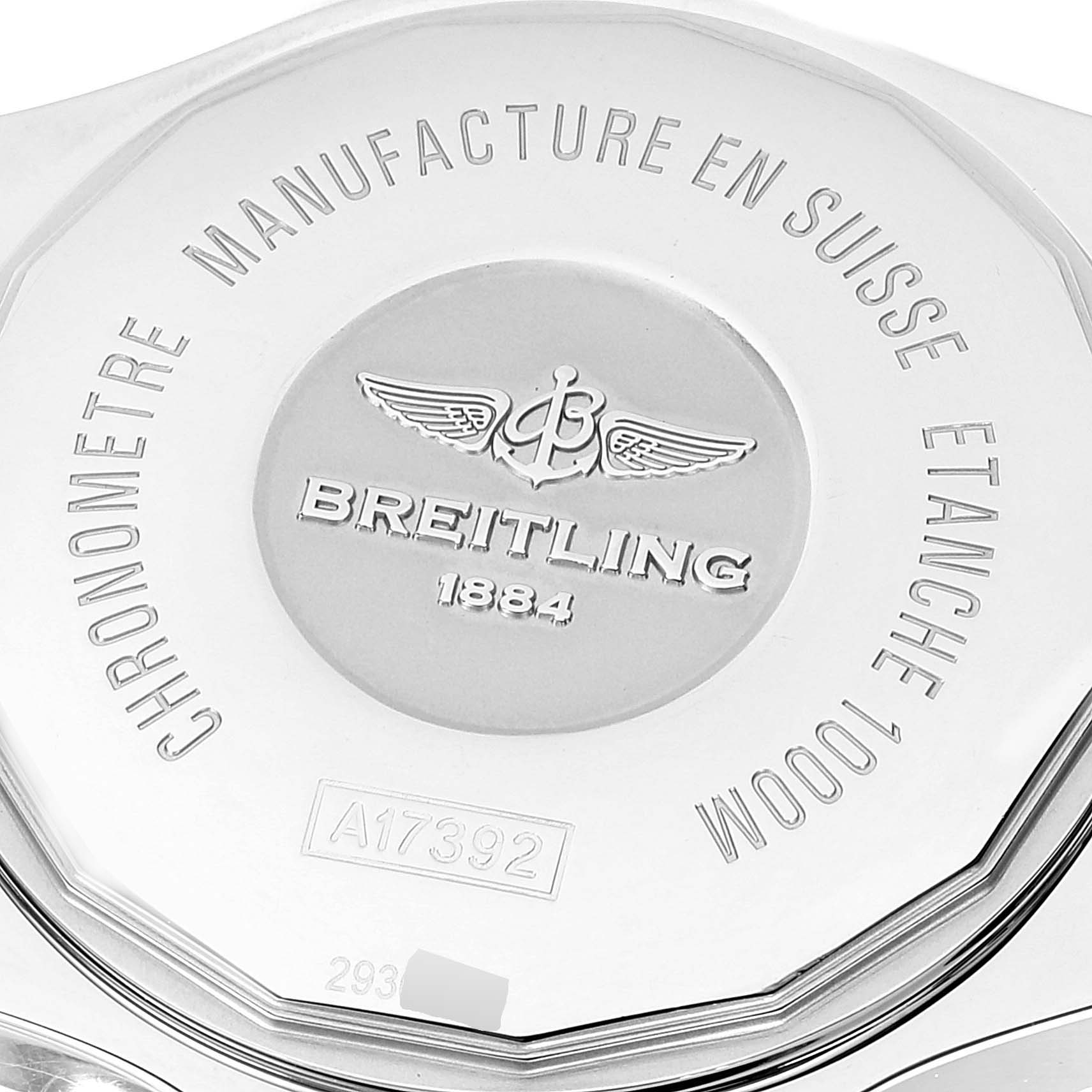 The image shows the back of a Breitling Superocean A17392 Men
s Stainless Steel Blue Dial A17392 Men
s Stainless Steel Blue Dial watch, displaying engraved details and model information.