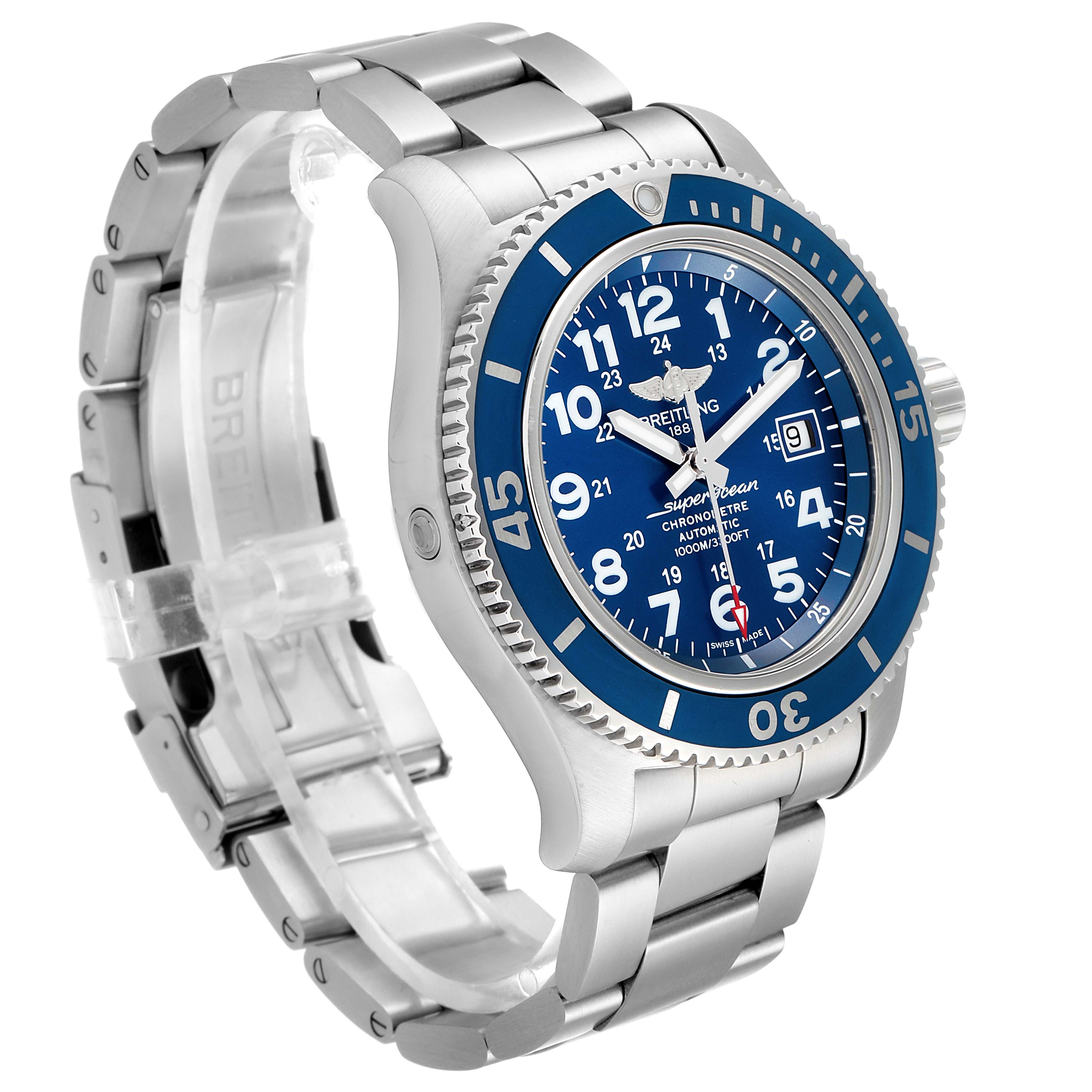 The angled view of the Breitling Superocean A17392 Men
s Stainless Steel Blue Dial A17392 Men
s Stainless Steel Blue Dial watch shows the front face, bezel, crown, and the metal bracelet.