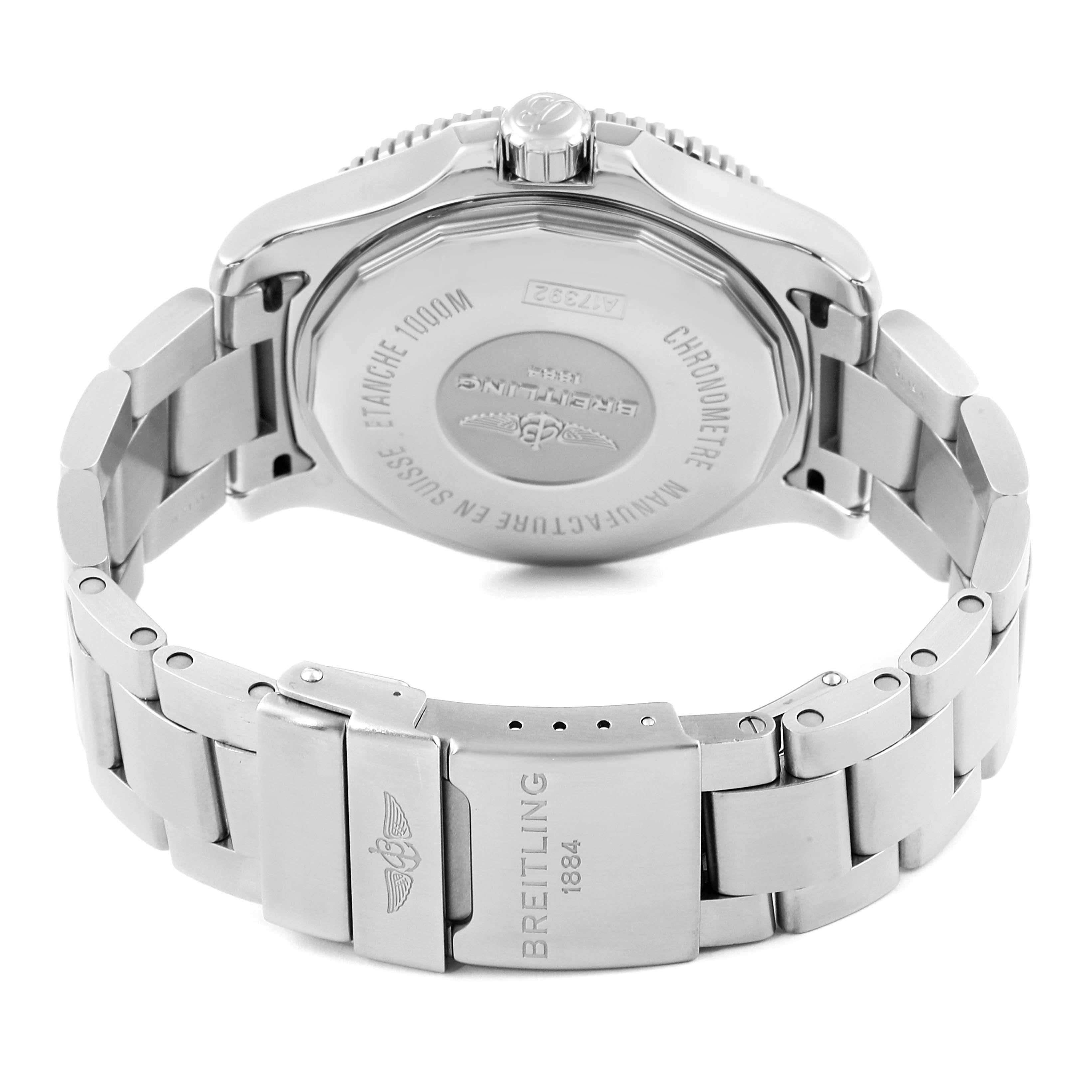 The image shows the back and clasp of a Breitling Superocean A17392 Men
s Stainless Steel Blue Dial A17392 Men
s Stainless Steel Blue Dial watch from a rear angle.