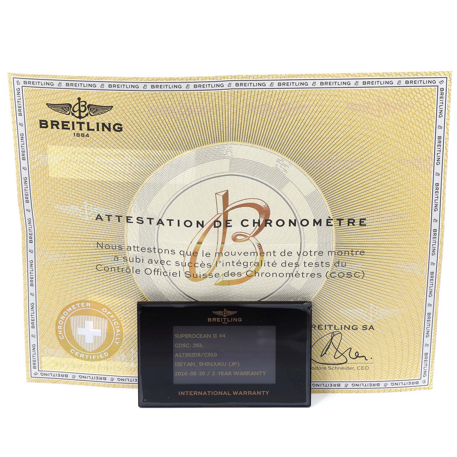 The image shows a warranty card and a certificate for the Breitling Superocean A17392 Men
s Stainless Steel Blue Dial A17392 Men
s Stainless Steel Blue Dial model, along with official branding.