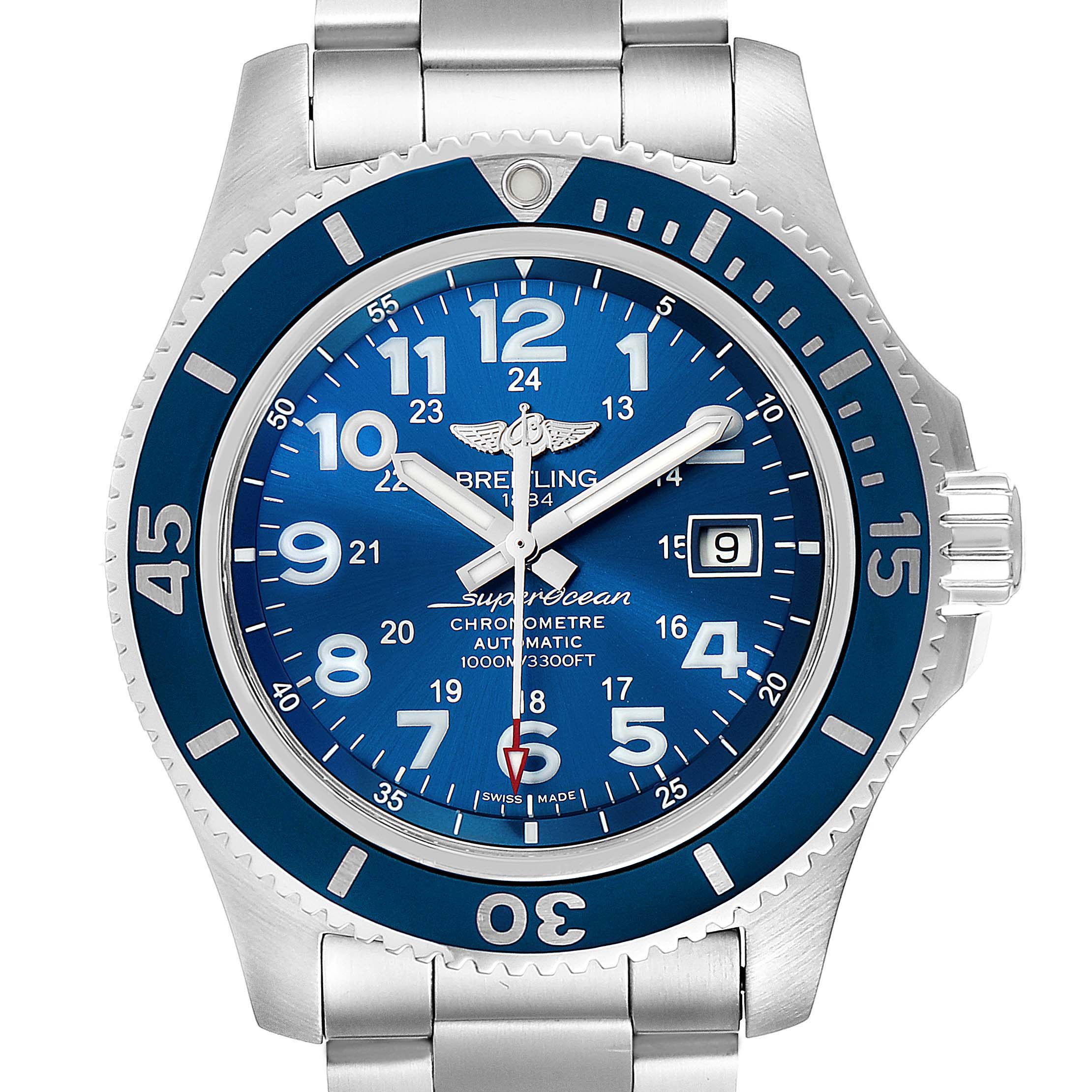 This Breitling Superocean A17392 Men
s Stainless Steel Blue Dial A17392 Men
s Stainless Steel Blue Dial watch is shown from a front angle, displaying its blue dial, bezel, and stainless steel bracelet.