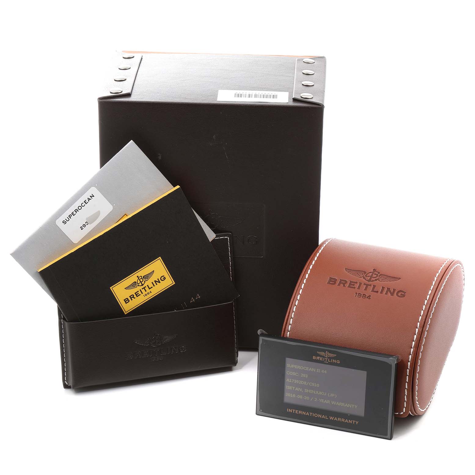 The image shows the packaging, manuals, warranty card, and leather travel case for the Breitling Superocean A17392 Men
s Stainless Steel Blue Dial A17392 Men
s Stainless Steel Blue Dial watch.