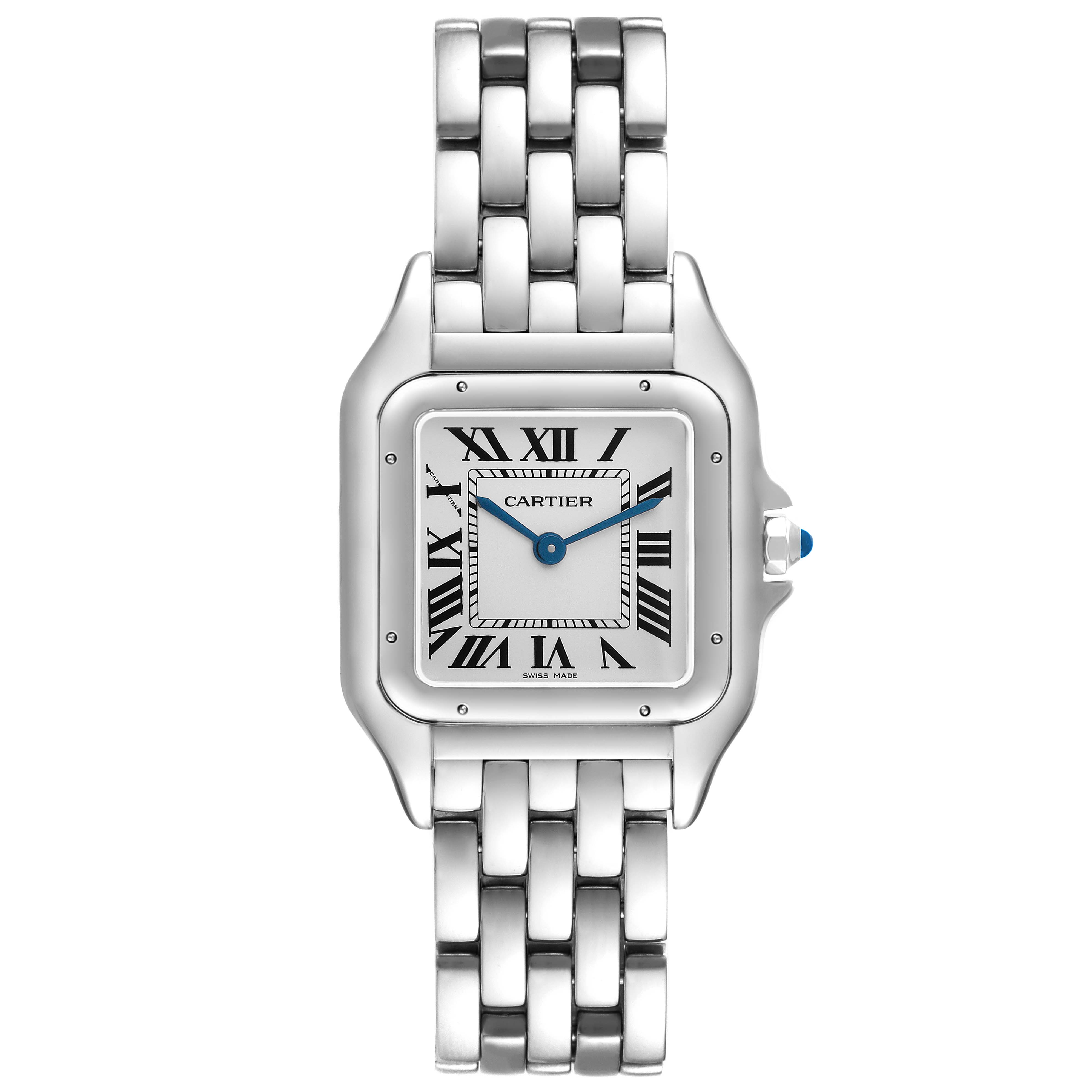The Cartier Panthere WSPN0007 Women's Stainless Steel Silver Dial watch is shown from a top view, displaying its silver bracelet, square dial, and Roman numerals.