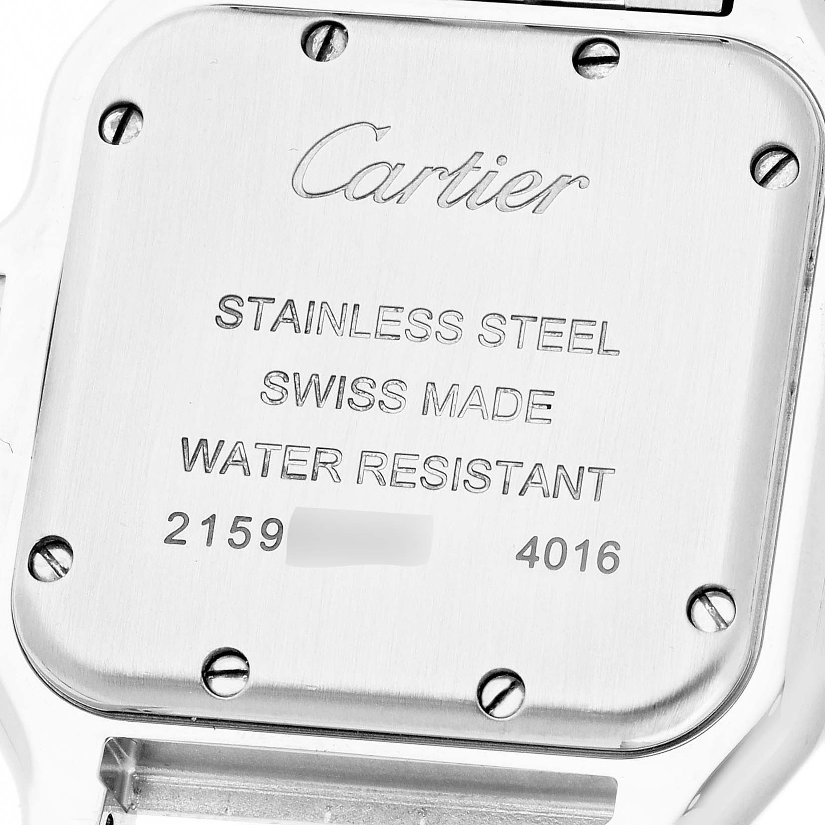 The image shows the case back of a Cartier Panthère watch, displaying engravings and screws.