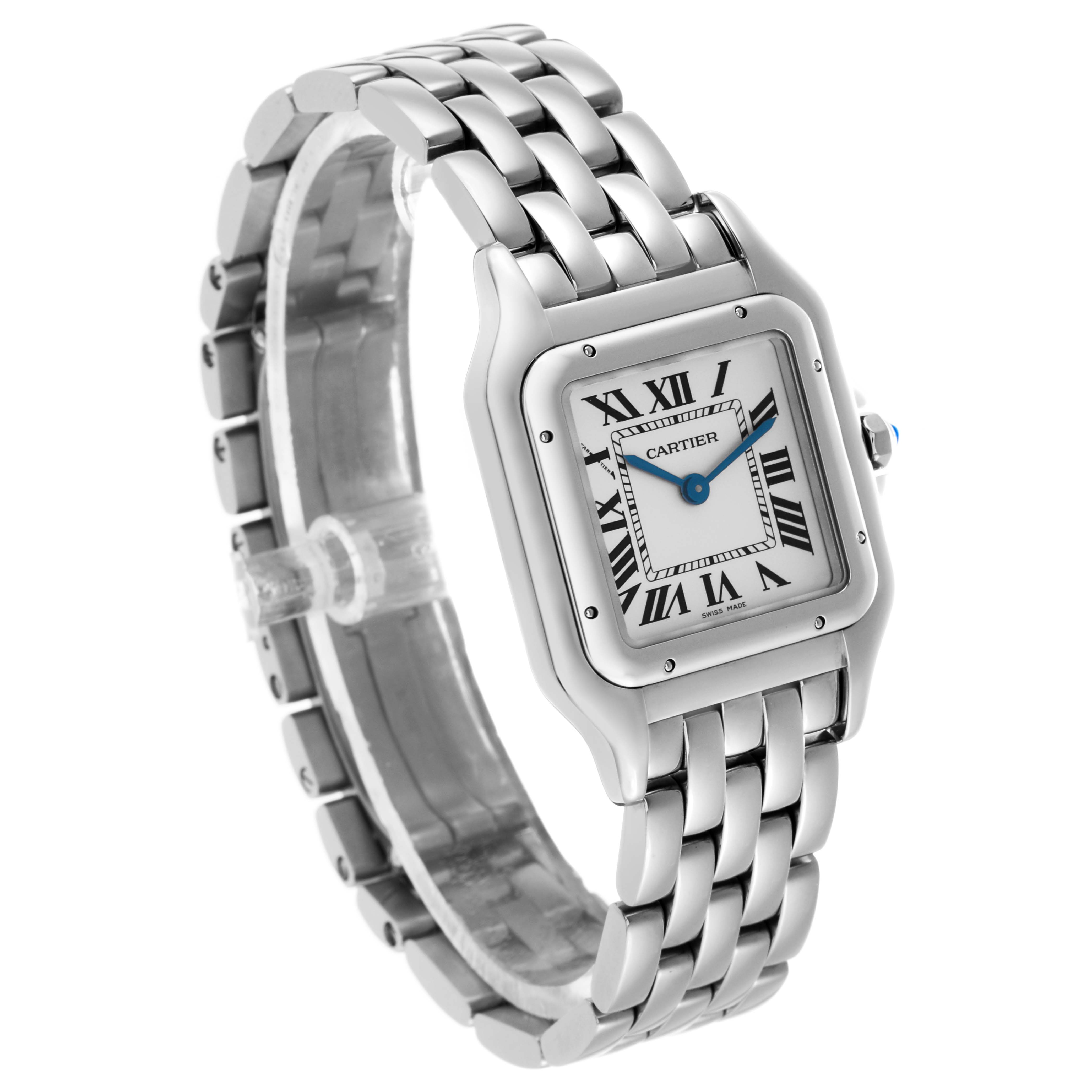 The Cartier Panthere WSPN0007 Women's Stainless Steel Silver Dial watch is shown at an angled view, displaying its square face, Roman numerals, and linked bracelet.