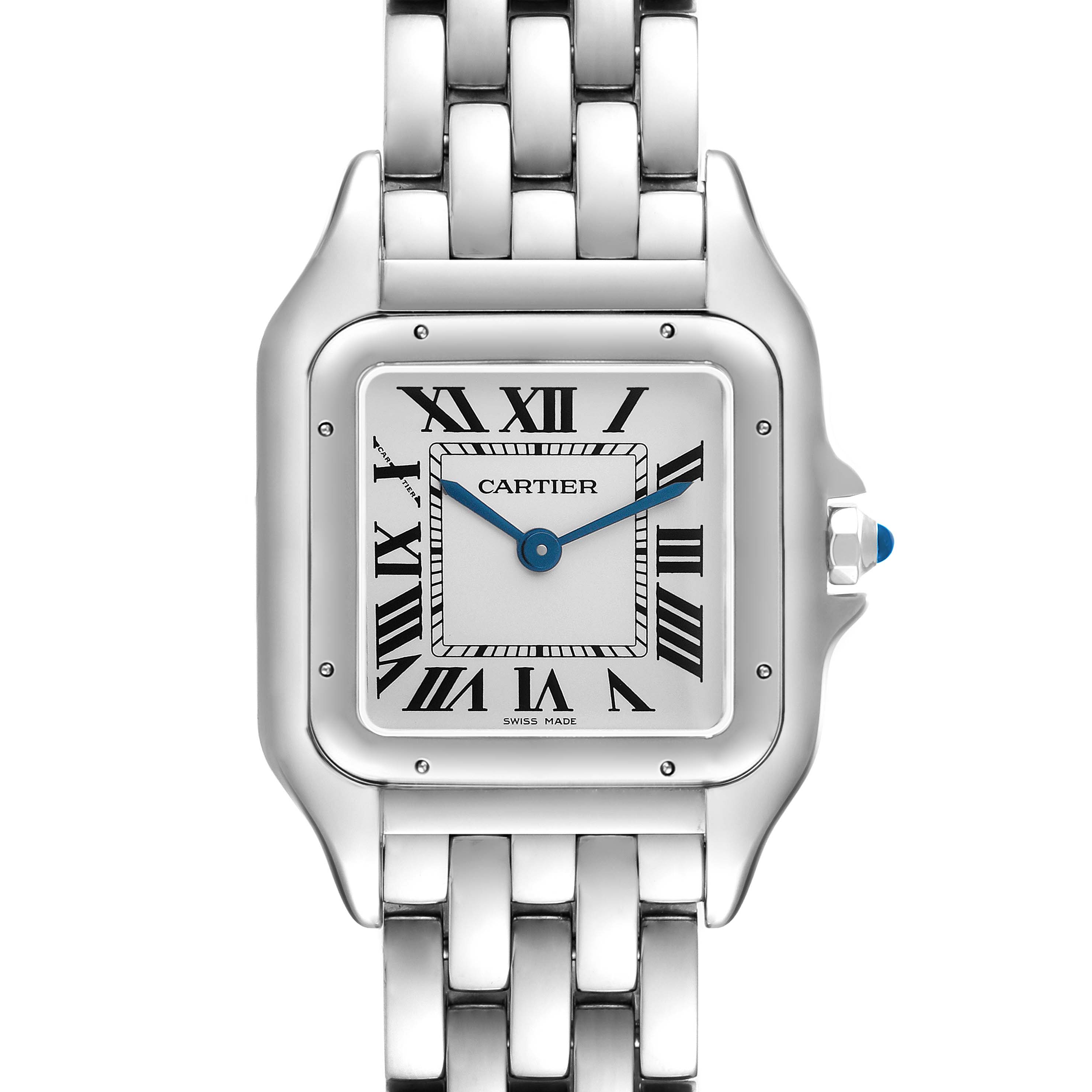 The Cartier Panthère watch is shown from a front angle, highlighting the face, bracelet, and crown with a blue gem.