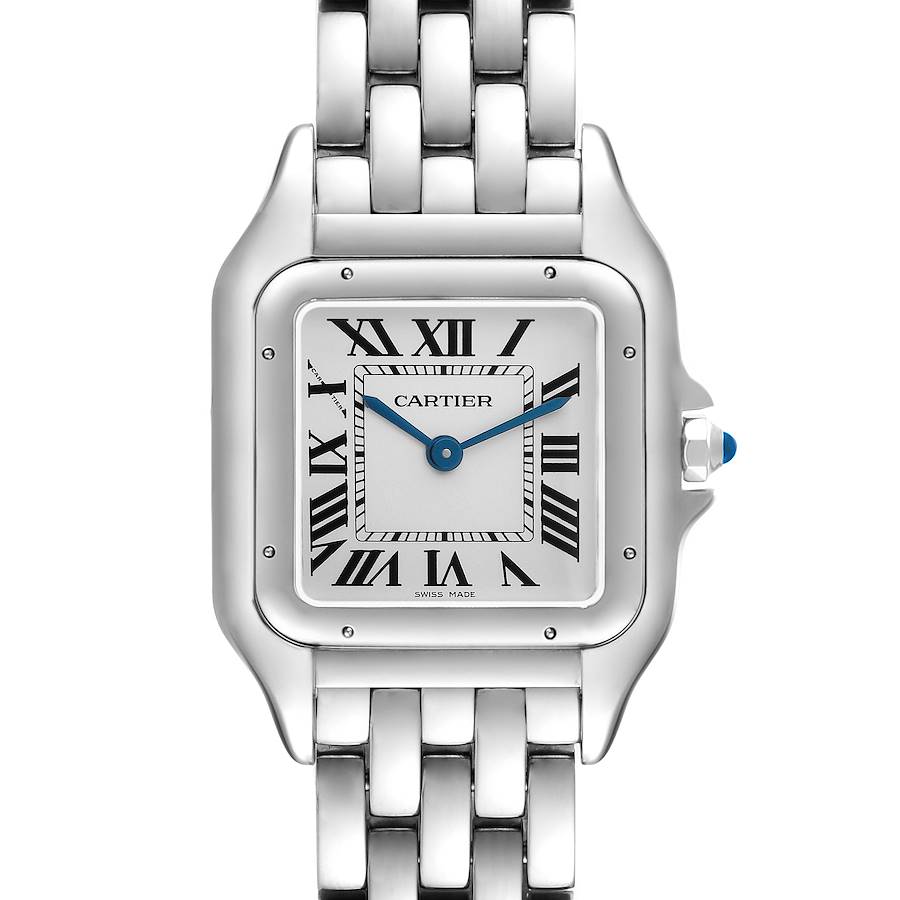The Cartier Panthère watch is shown from a front angle, highlighting the face, bracelet, and crown with a blue gem.