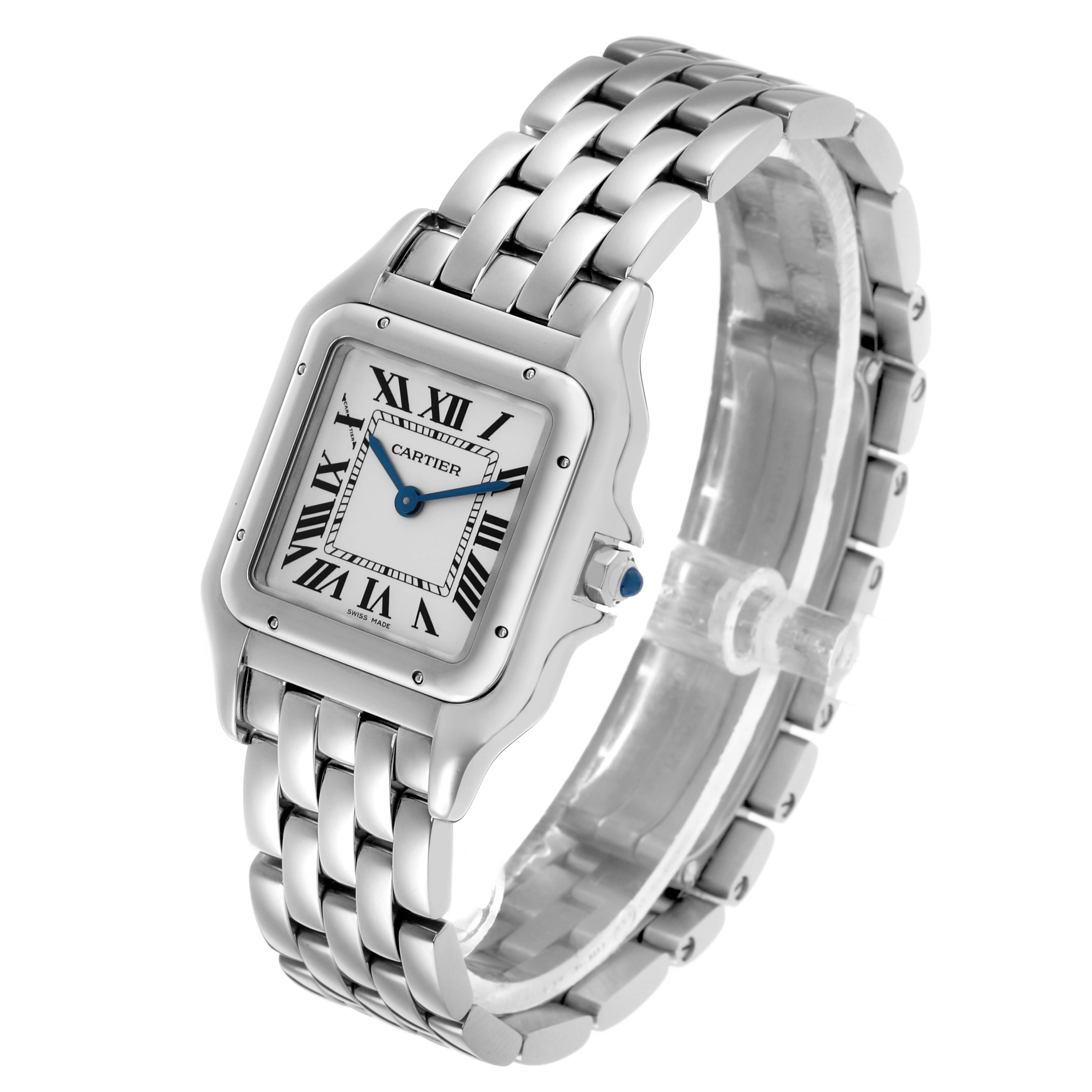 The Cartier Panthere WSPN0007 Women's Stainless Steel Silver Dial watch is shown at a three-quarter angle, highlighting the square face, Roman numerals, and metallic bracelet.