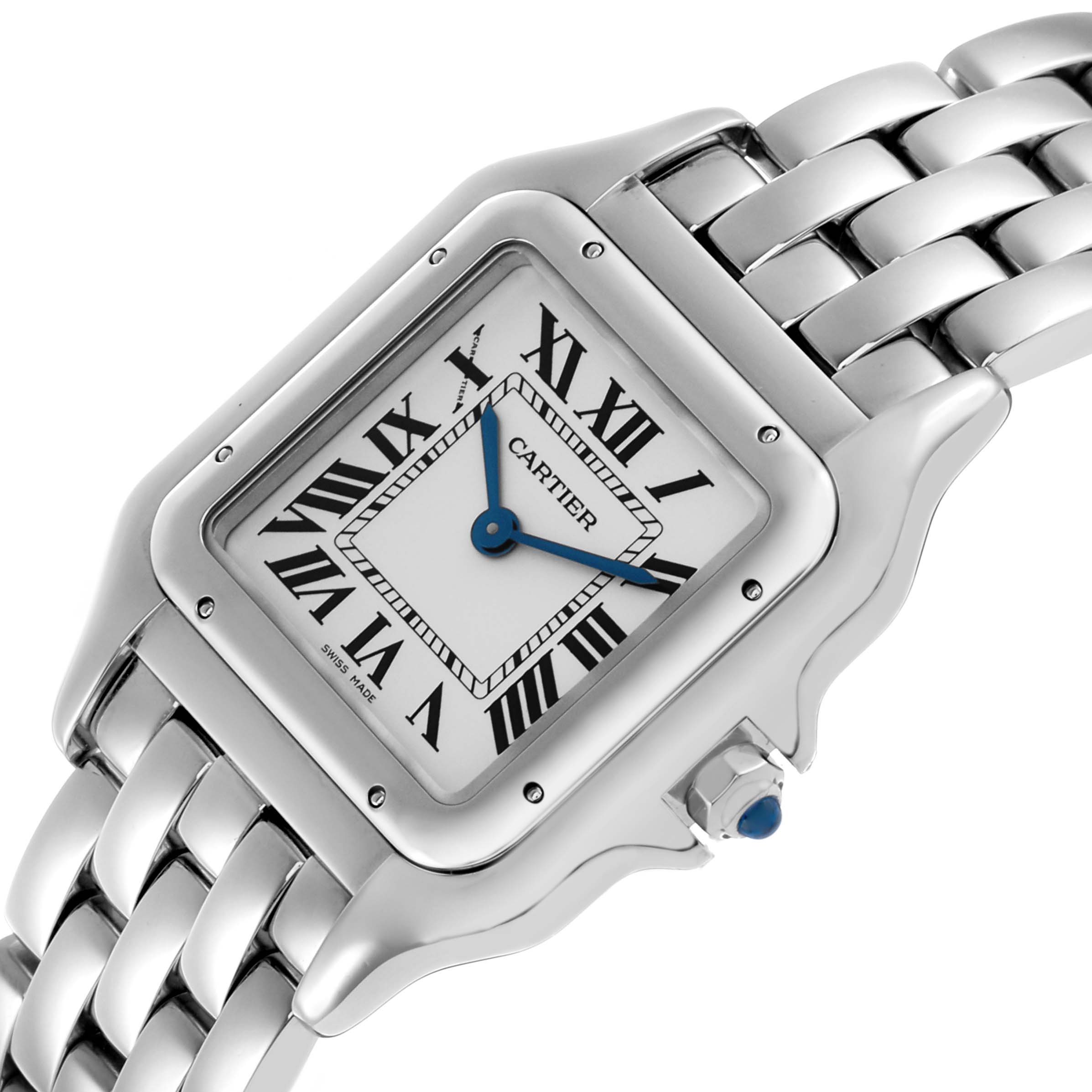 The Cartier Panthère watch is shown at an angled view, highlighting the square face, Roman numerals, linked bracelet, and blue hands.