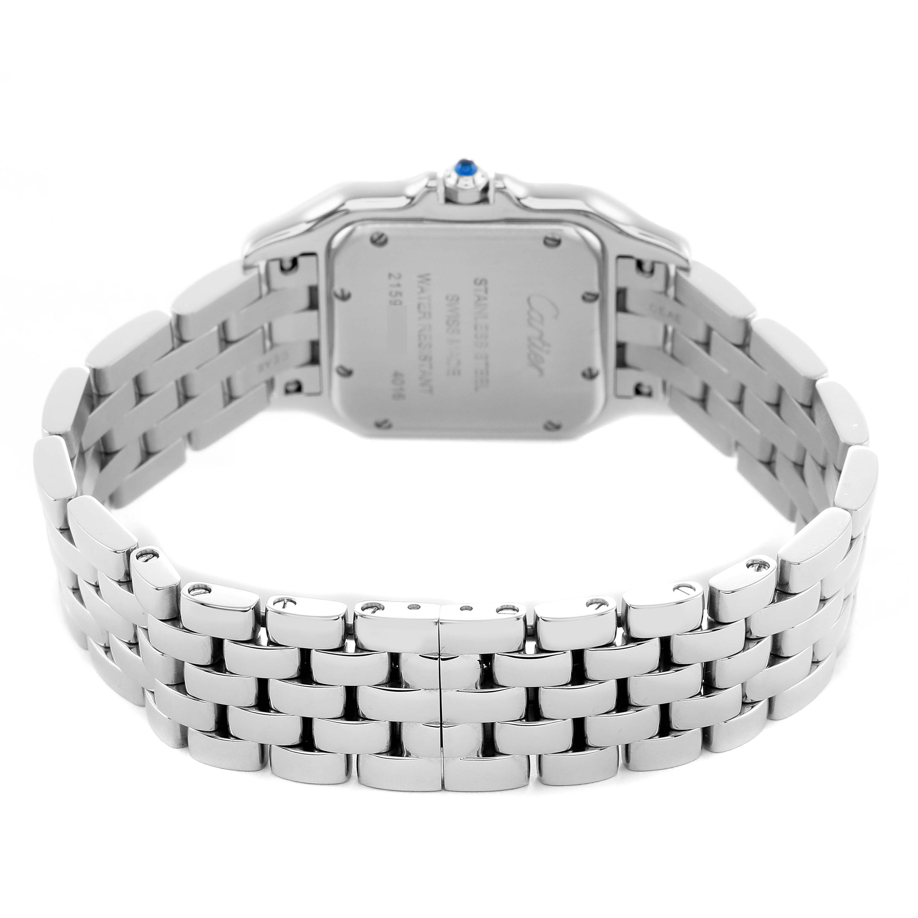 The image shows the back of a Cartier Panthere WSPN0007 Women's Stainless Steel Silver Dial watch, highlighting its bracelet and case back.