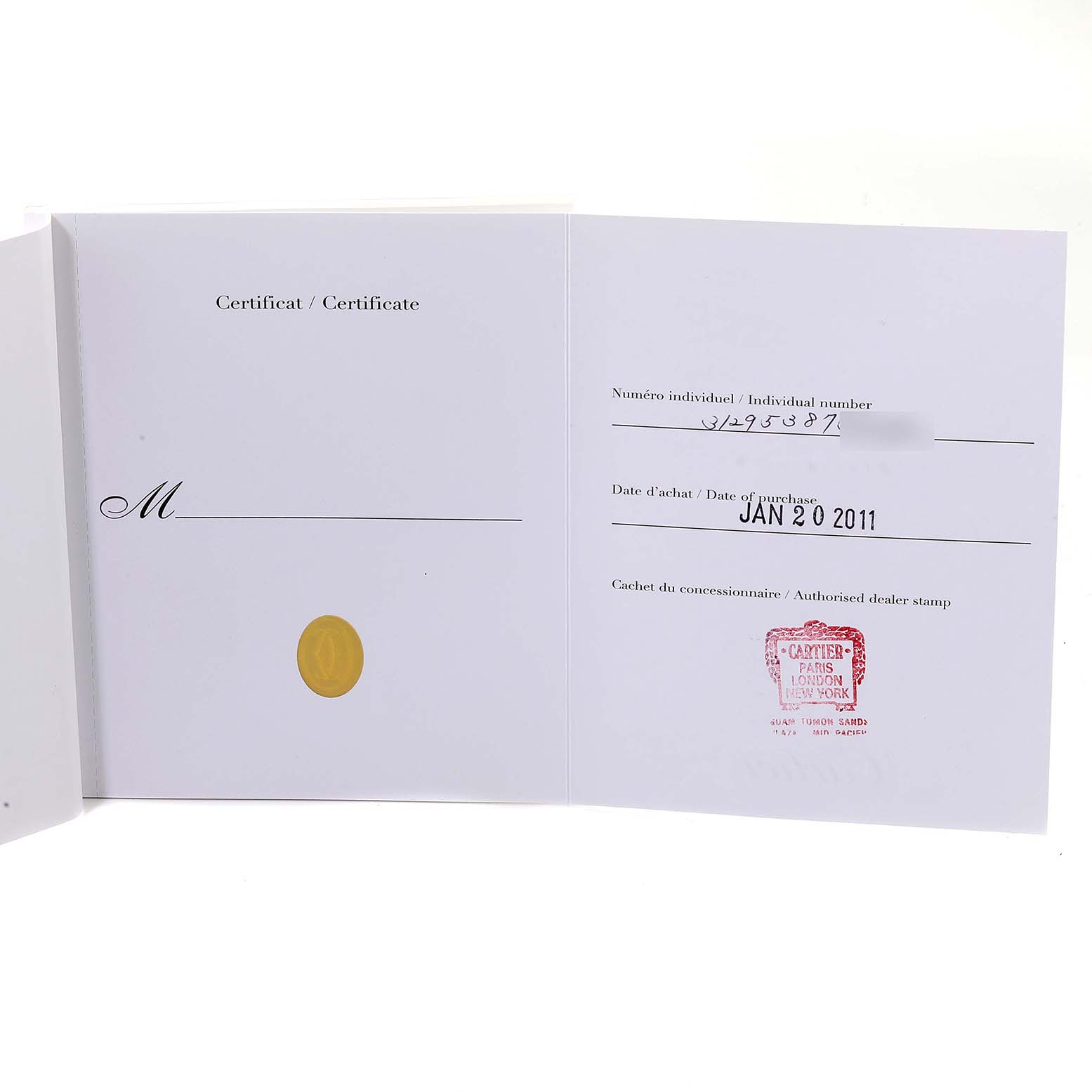 This image shows the open certificate booklet for a Cartier Pasha W3140005 Women's Stainless Steel White Dial W3140005 Women's Stainless Steel White Dial model watch, displaying individual number, purchase date, and dealer stamp.