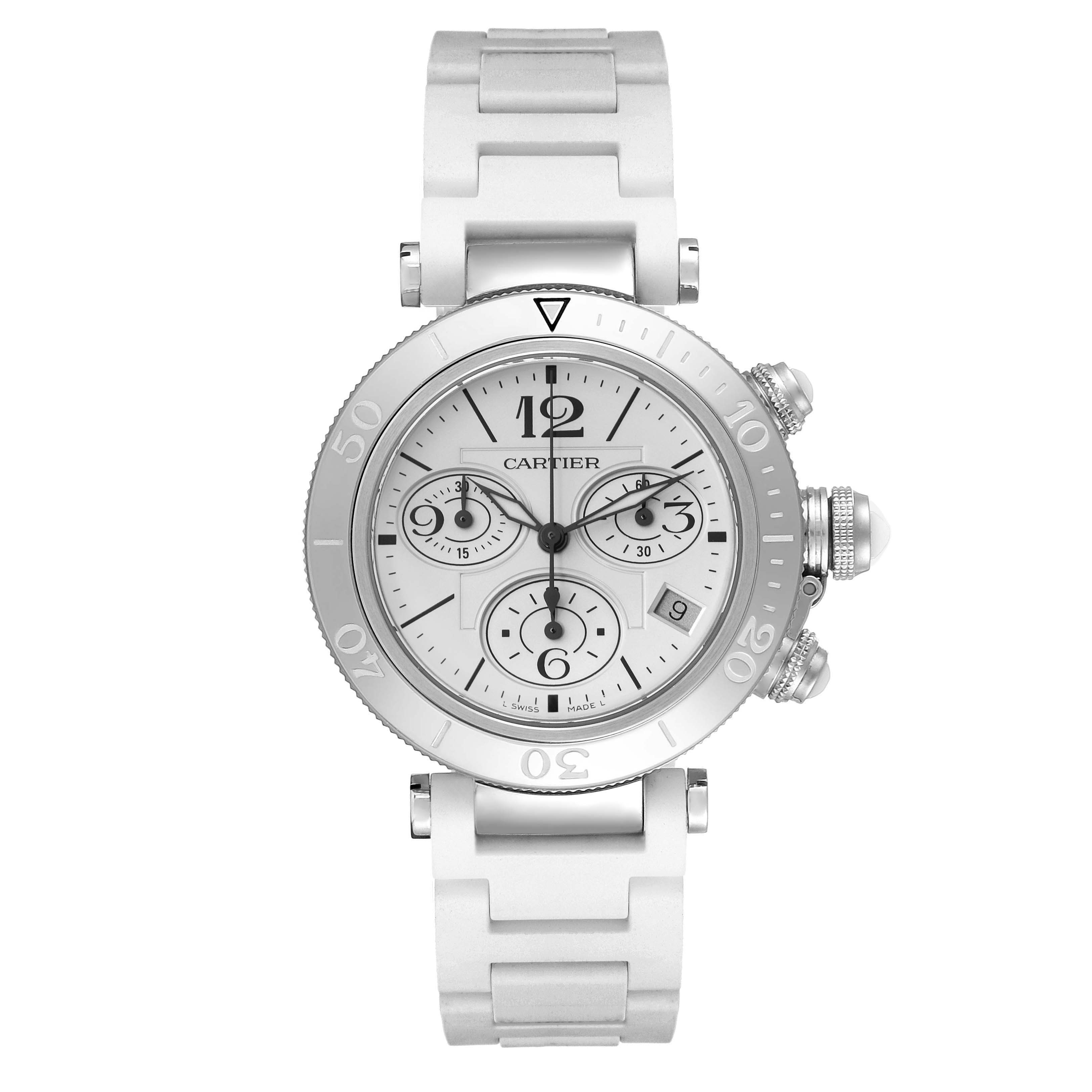 The image shows a Cartier Pasha W3140005 Women's Stainless Steel White Dial W3140005 Women's Stainless Steel White Dial watch from a straight-on angle, highlighting the dial, bezel, and part of the bracelet.