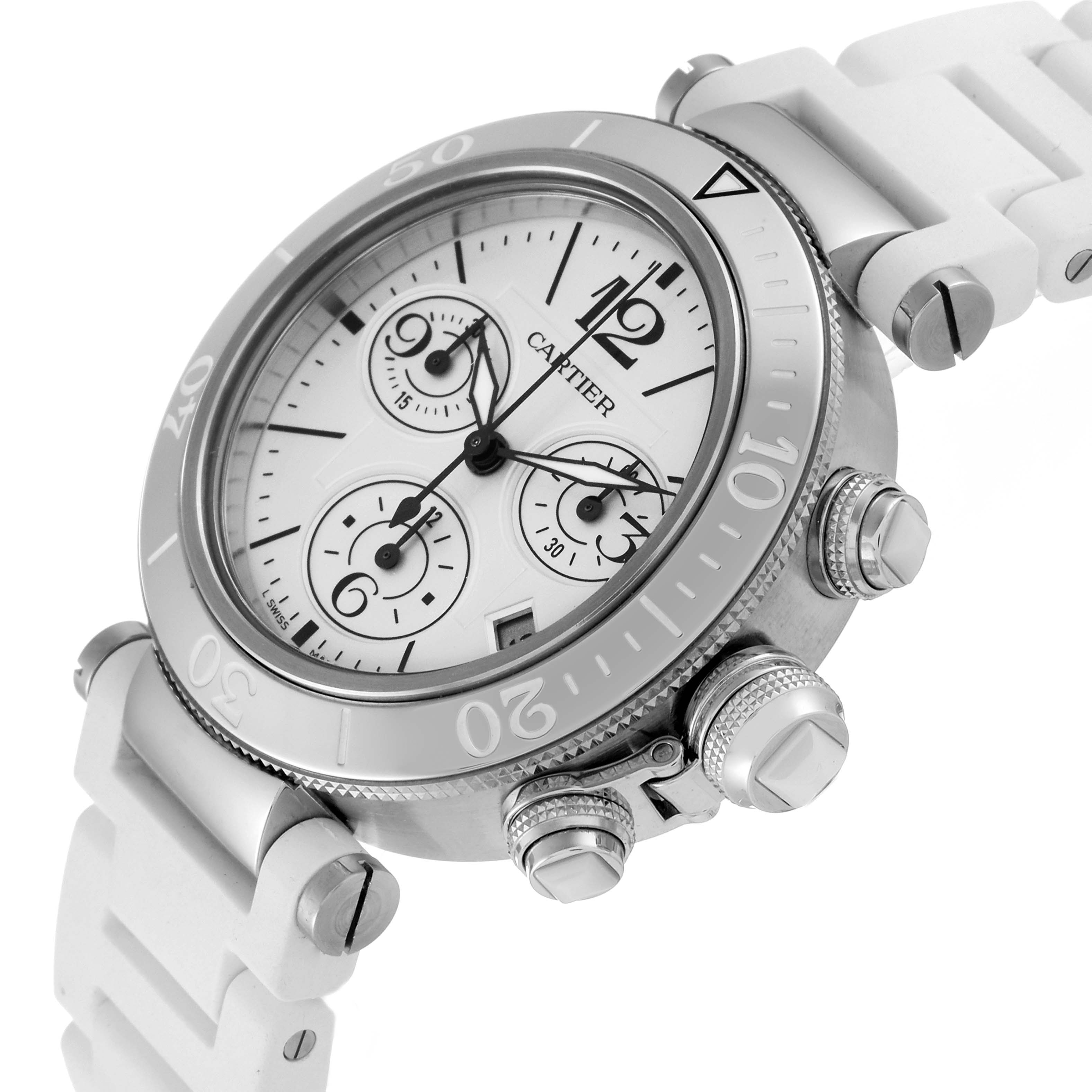 This image shows a side angle of the Cartier Pasha W3140005 Women's Stainless Steel White Dial W3140005 Women's Stainless Steel White Dial watch, highlighting its face, subdials, bezel, and white strap.