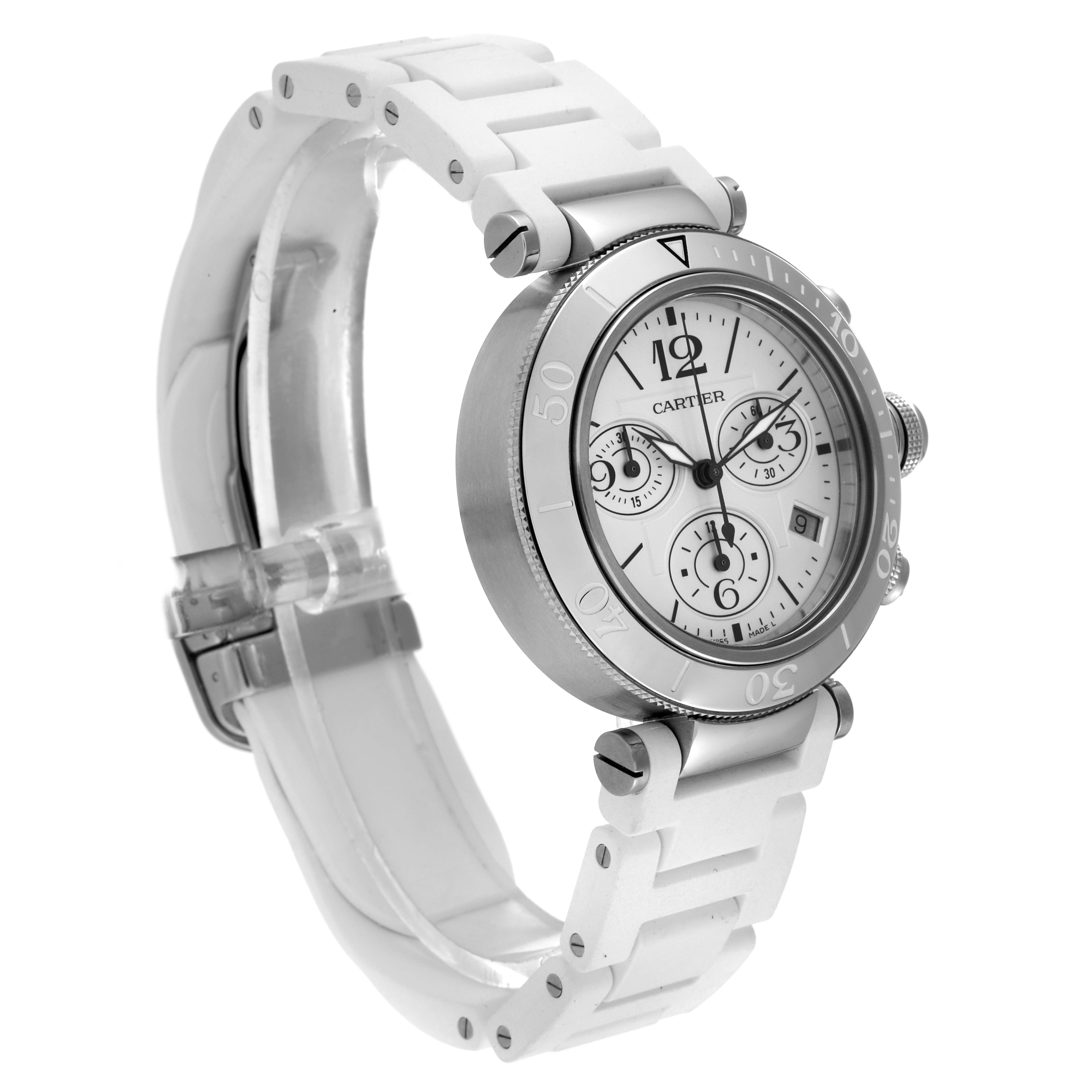 The Cartier Pasha W3140005 Women's Stainless Steel White Dial W3140005 Women's Stainless Steel White Dial watch is pictured at an angle showcasing its face, bezel, and white strap.