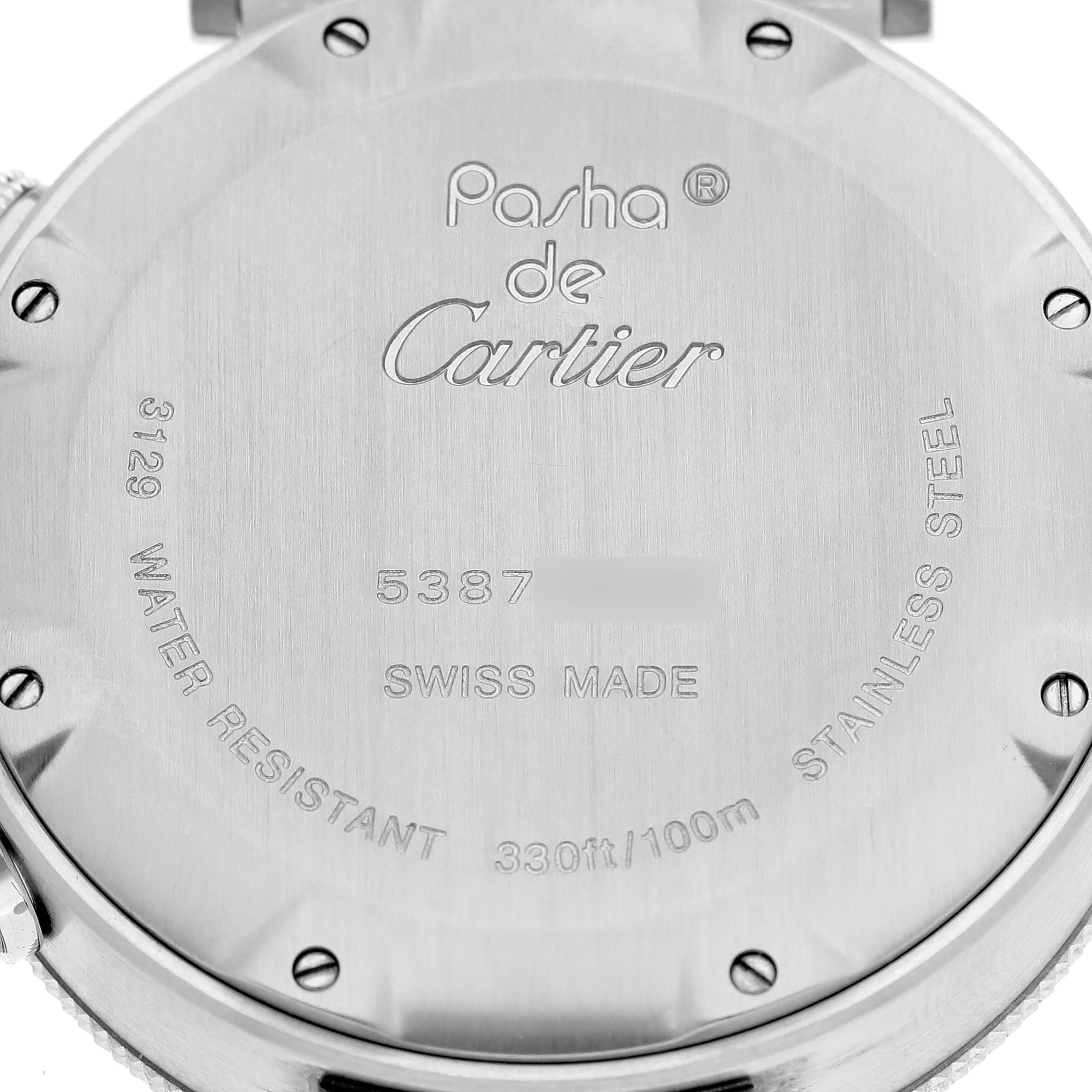 This image shows the back case of a Cartier Pasha W3140005 Women's Stainless Steel White Dial W3140005 Women's Stainless Steel White Dial watch, displaying the brand name, model, and specifications.