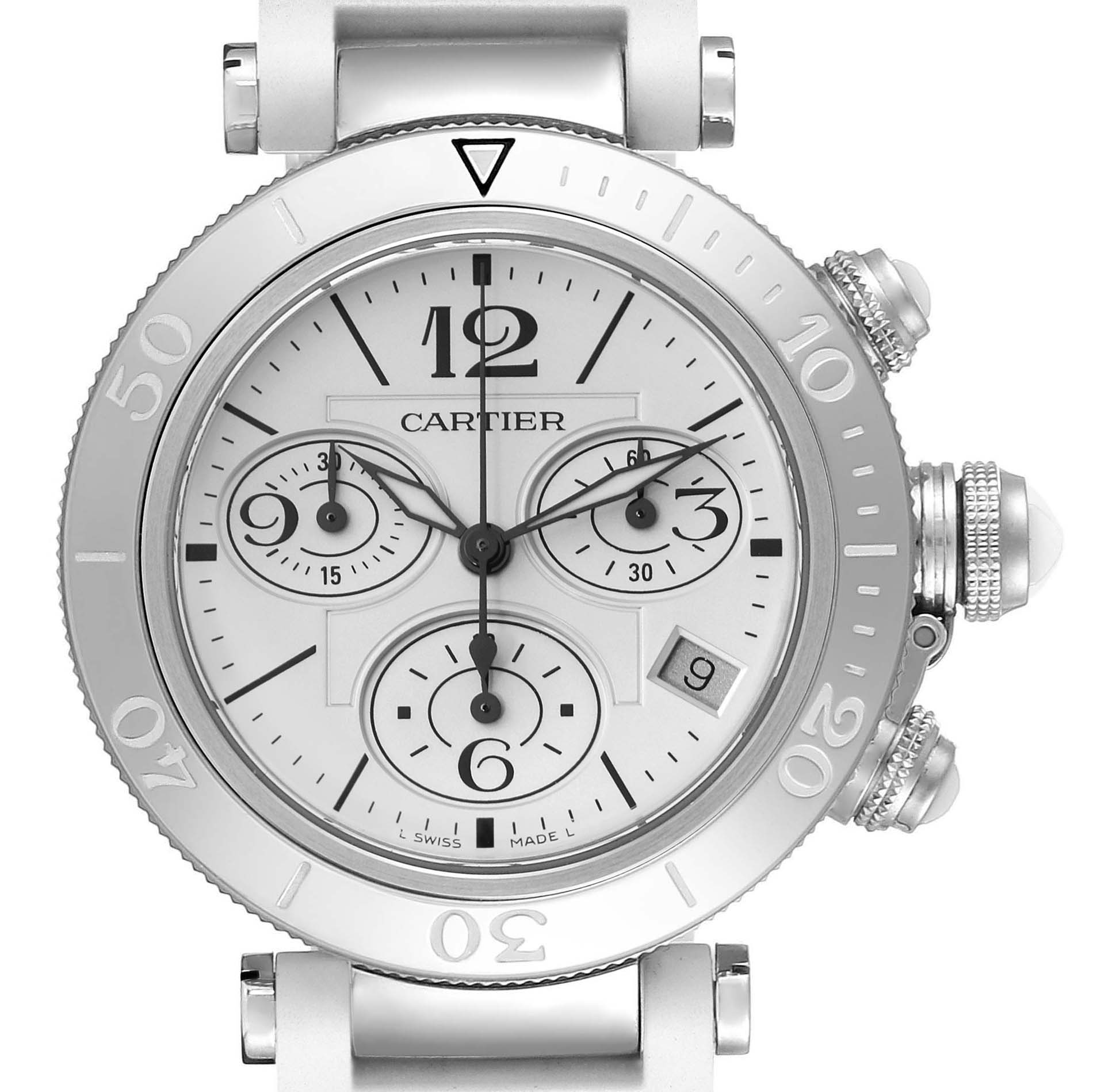 The image shows a front view of the Cartier Pasha W3140005 Women's Stainless Steel White Dial W3140005 Women's Stainless Steel White Dial watch, highlighting its face, bezel, and chronograph subdials.