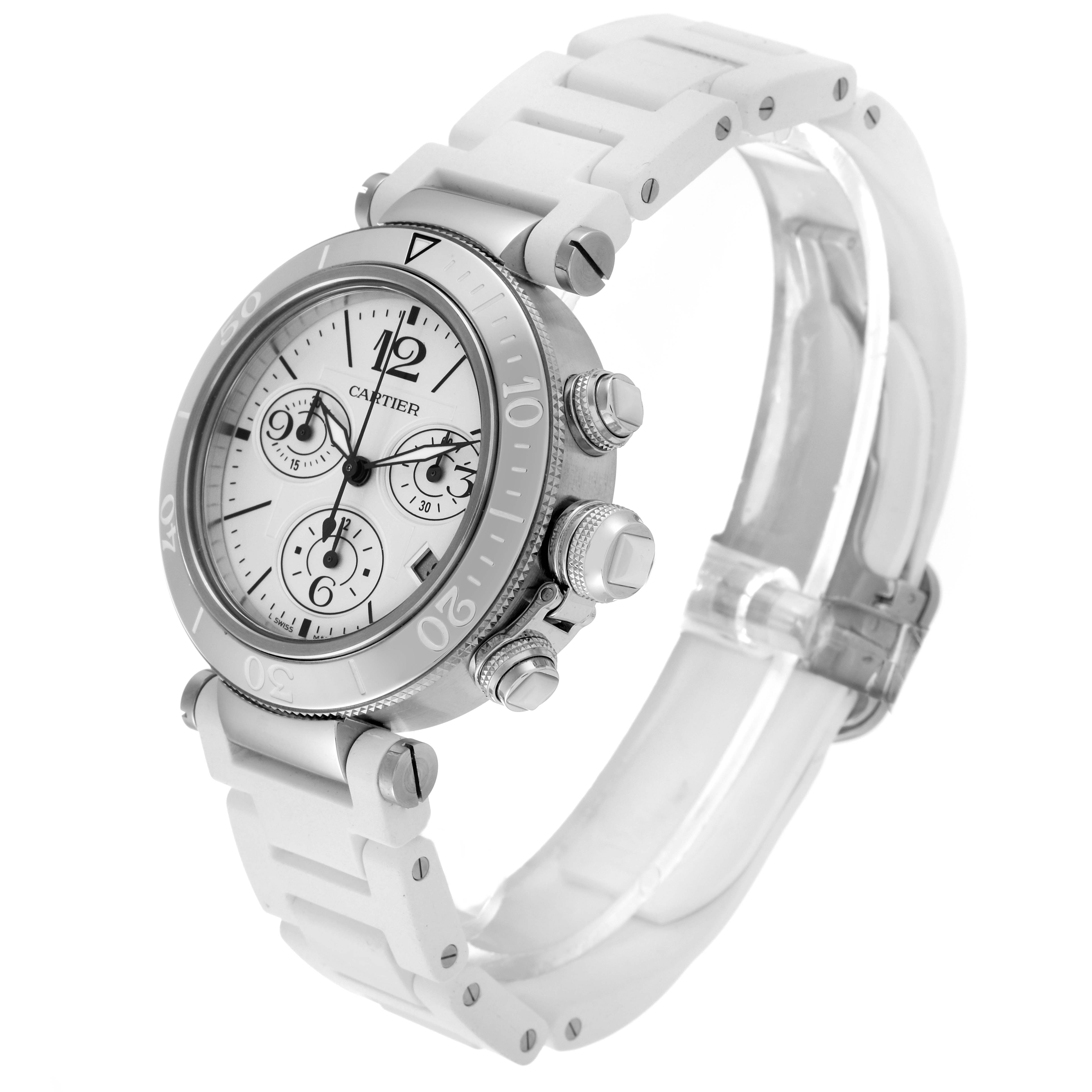 The image shows a Cartier Pasha W3140005 Women's Stainless Steel White Dial W3140005 Women's Stainless Steel White Dial watch from a side angle, highlighting its white strap, bezel, and chronograph dials.