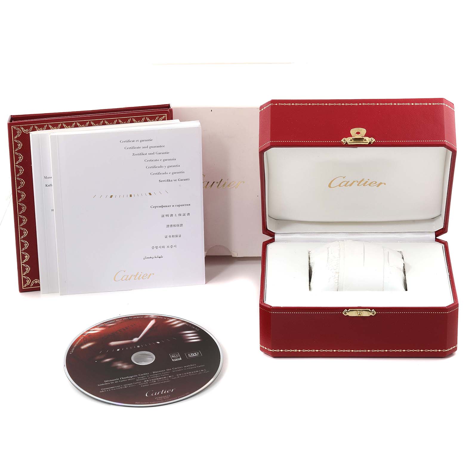 The image shows a Cartier Pasha W3140005 Women's Stainless Steel White Dial W3140005 Women's Stainless Steel White Dial watch box set with a red case, documentation, and a CD from a frontal angle.