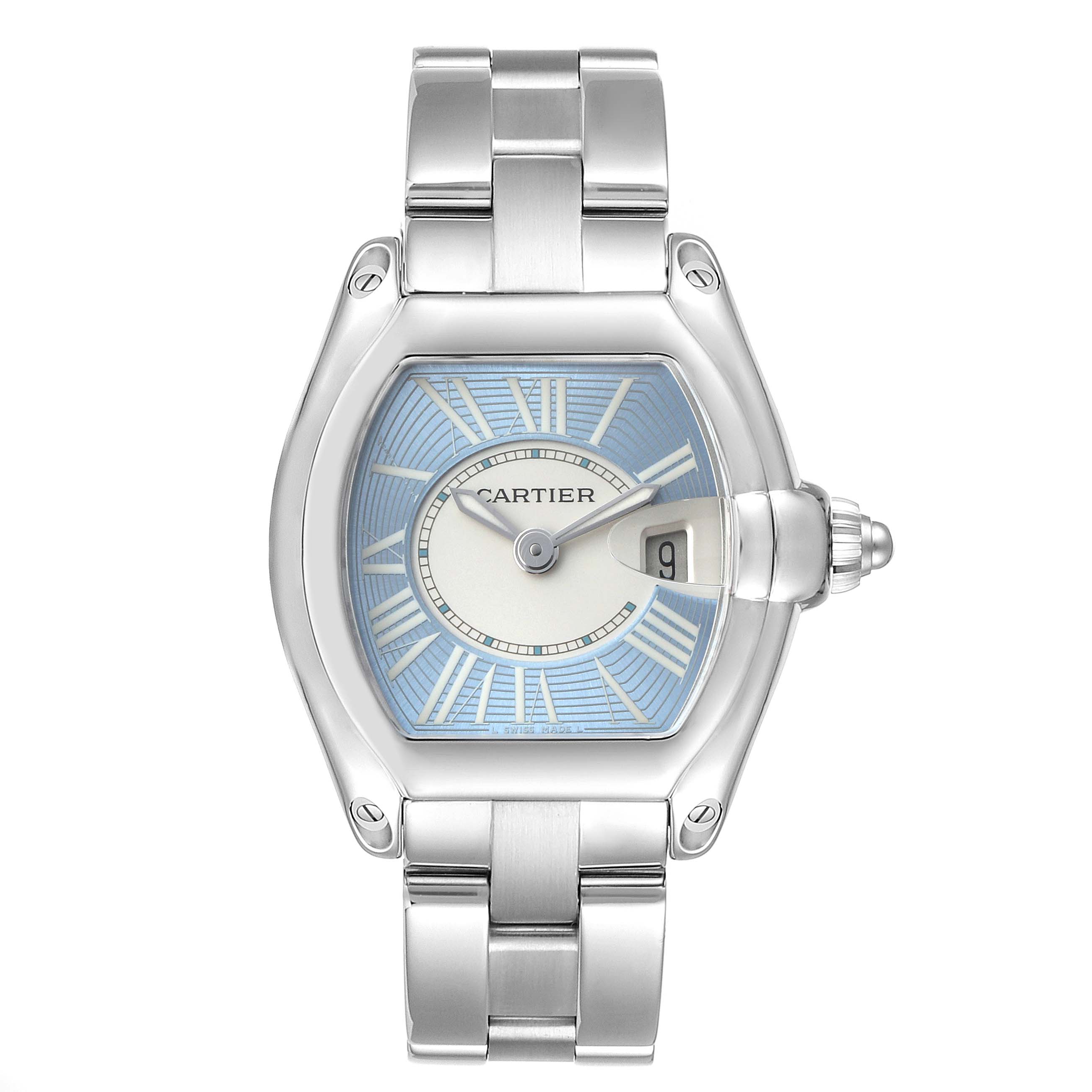 The Cartier Roadster W62053V3 Women's Stainless Steel Blue Dial watch is shown from a front view, highlighting the face, dial, and metal bracelet.