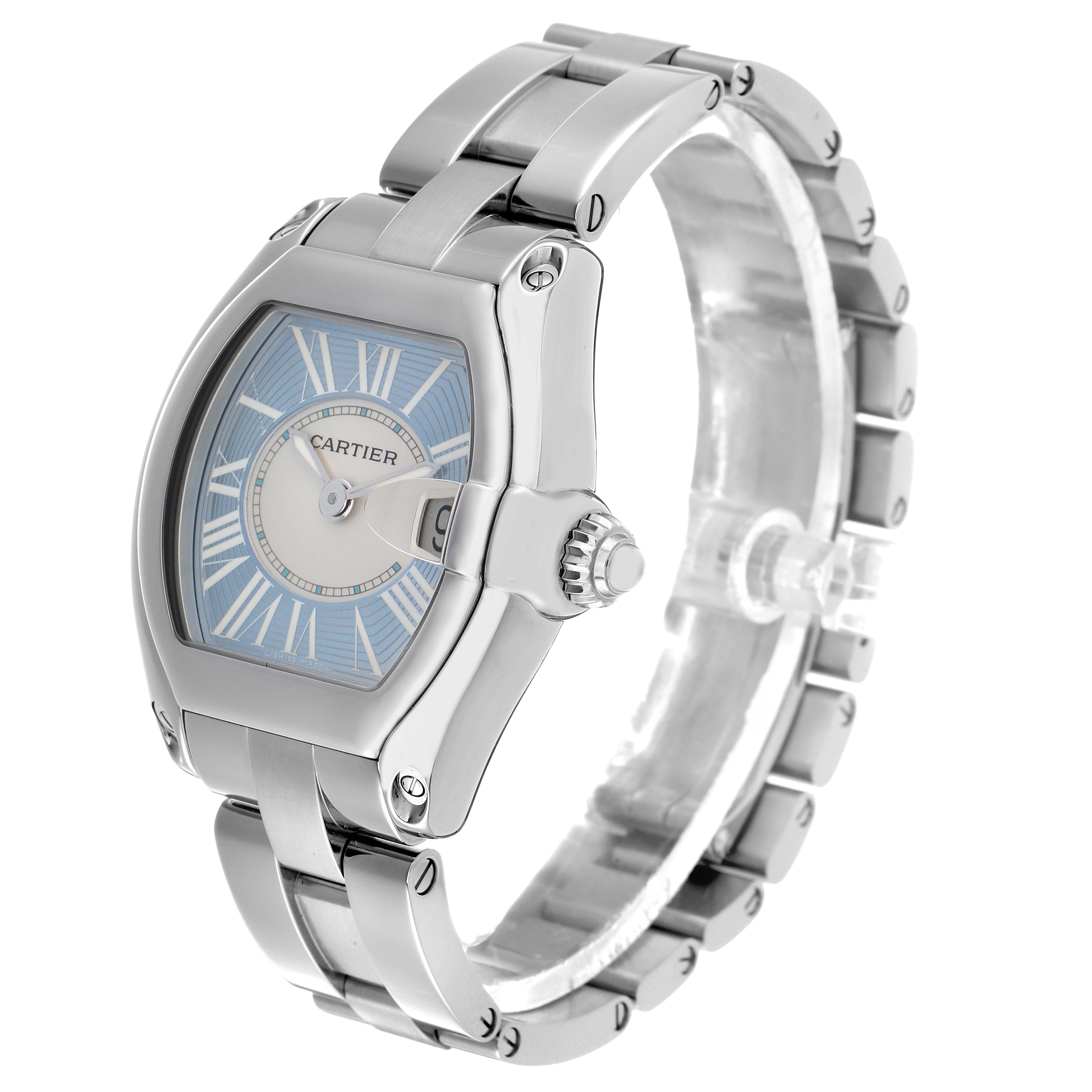 The Cartier Roadster W62053V3 Women's Stainless Steel Blue Dial watch is shown at a three-quarter angle, highlighting the face, crown, and bracelet.