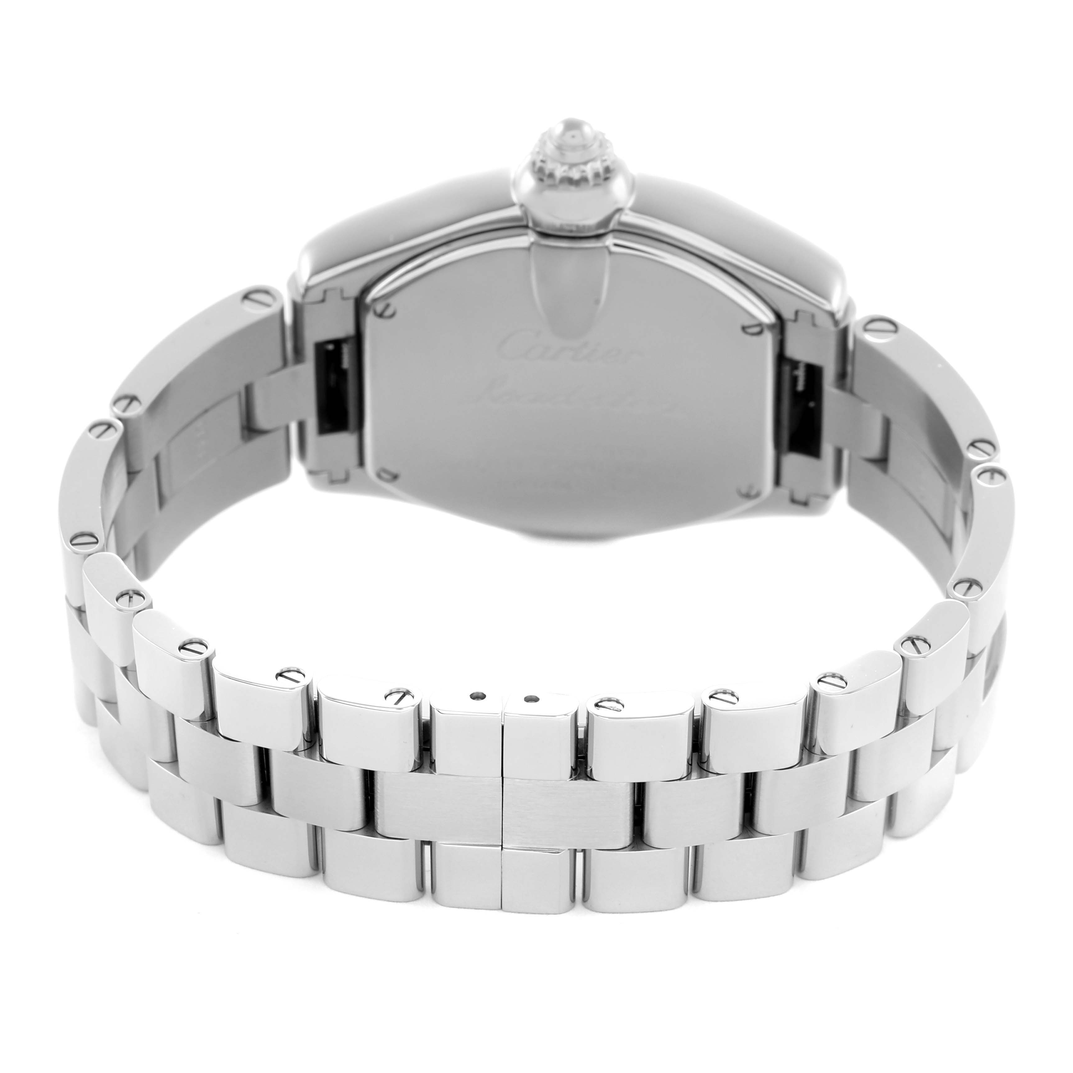 The image shows the back and bracelet of the Cartier Roadster W62053V3 Women's Stainless Steel Blue Dial watch in a slightly elevated rear angle.