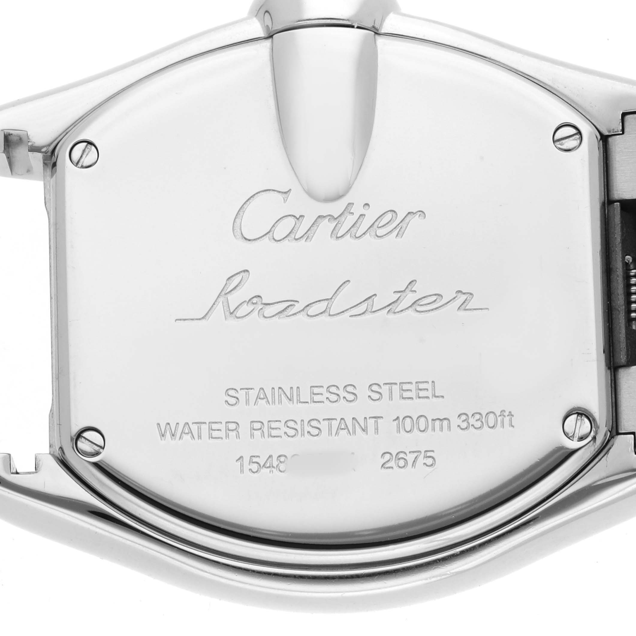 The image shows the back case of the Cartier Roadster W62053V3 Women's Stainless Steel Blue Dial watch, highlighting the brand and model engraving, and material details.
