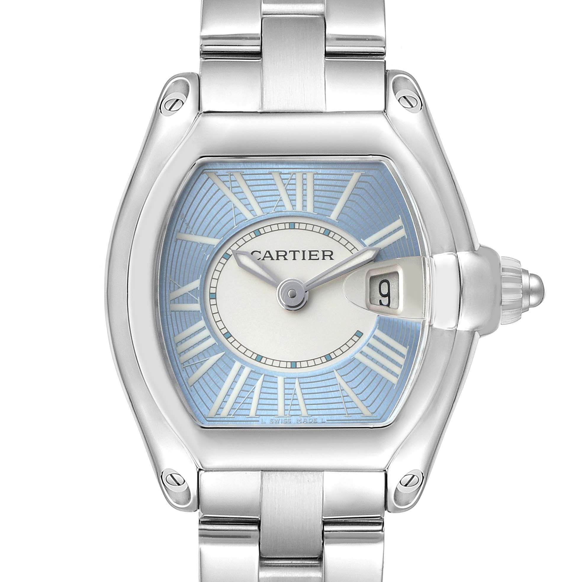 The Cartier Roadster W62053V3 Women's Stainless Steel Blue Dial watch is shown from a top view, displaying the face, bezel, and part of the bracelet.